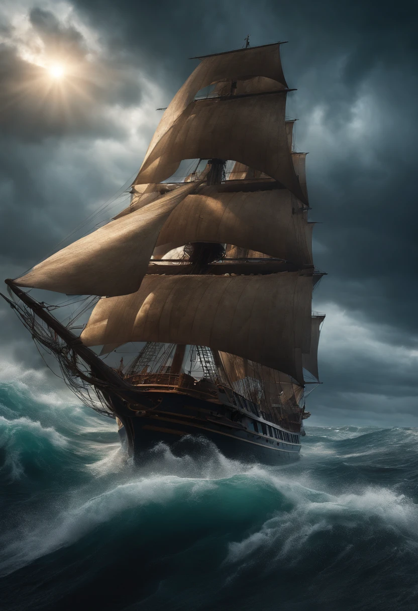 (best quality,4k,8k,highres,masterpiece:1.2),ultra-detailed,realistic,boy attacking a ship by the sea,ocean waves crashing against the ship,boy with intense facial expression,wind blowing his hair,powerful muscles,strong arms,strong determination,boy holding a weapon,boy wearing pirate attire,tattered pirate flag waving on the ship,majestic sails on the ship,dark and stormy atmosphere,dramatic lighting with rays of sunlight breaking through the clouds,eerie silhouette of the ship on the horizon,destructive waves crashing against the ship,breath-taking view of the vast sea in the background,vivid colors showcasing the intensity of the moment.