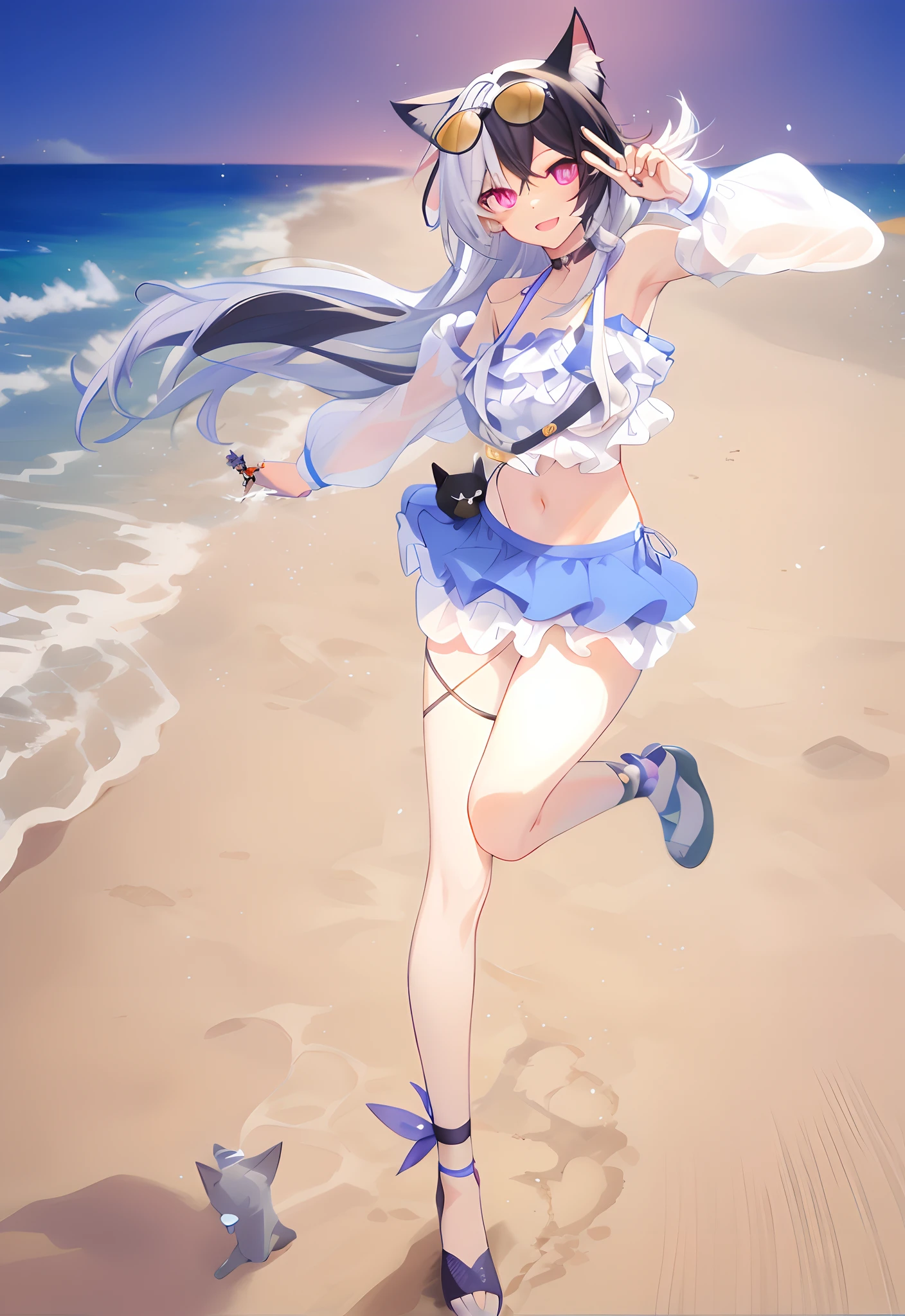 tmasterpiece,HighestQuali,Anime girl running on beach, Black and white hair,Orange sunglasses on the head,Purple eye,in the beach, scissor hands,Cat-eared girl,Cat lady,swim wears,Guviz, Have by the sea, in beach, on the beach, Seafront, On a sunny beach