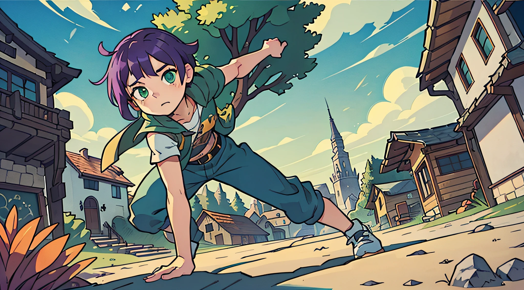 top-quality、masterpiece、((Deformed))、Boy with short purple hair、Green eyes、Treasure Hunter、Composition that reflects the whole body、mont、Parkour