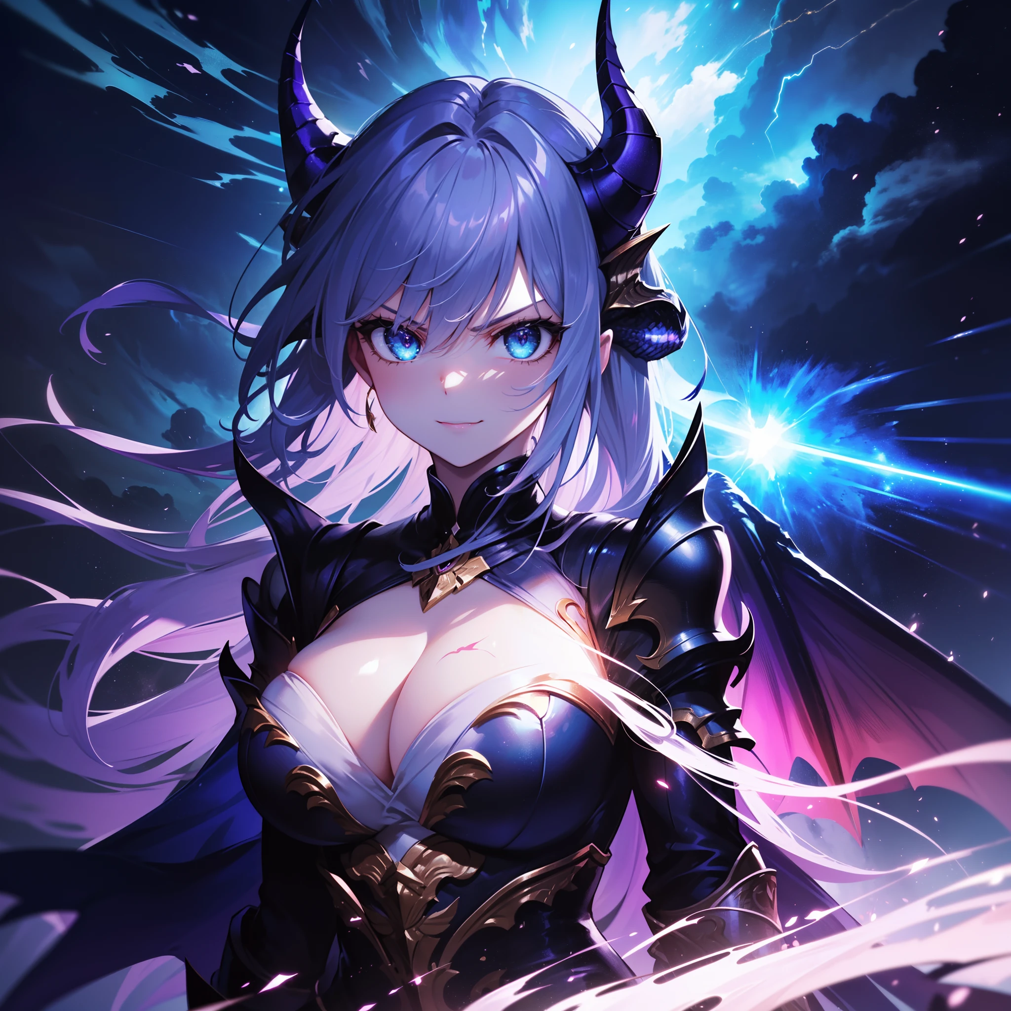 (Blue horn glowing with green lightning:1.7),(Two glowing blue dragon horns:1.3),(Long black hair that glows blue:1.3),Messy straight hair,(Face Focus:1.3),(Slim Face:1.3), (Blue lightning background:1.3),(angry,Smile:1.3) ,(tiny chest:1.0),(Lip close-up:1.3),(dragon knight:1.3), (Two big dragon wings:1.7), (Dressed in the armor of the Purple Dragon Knight:1.3), (complex armour:1.3), (The dragon:1.3),Starry skies and a vortex of light enveloped her, Canon 5D, 85 mm, depth of fields, 8K, ultra sharpness, nffsw, octane, Unreal, Dramatic light, Global Illumination,Motion Picture Film,rainbow,lensflare,(brue eyes:1.3),extremely detailed eye,(Purple Thunder Wave Art:1.3),(Fantasia:1.3),(Agfacolor:1.3),(close portrait:1.3),(Feminine:1.4),(Beautiful:1.4),(Attractive:1.3),Move an angle,perfectly detailed eyes,Themed Background,A completely huge dragon kills a partisan、(Armed combat action:1.3)