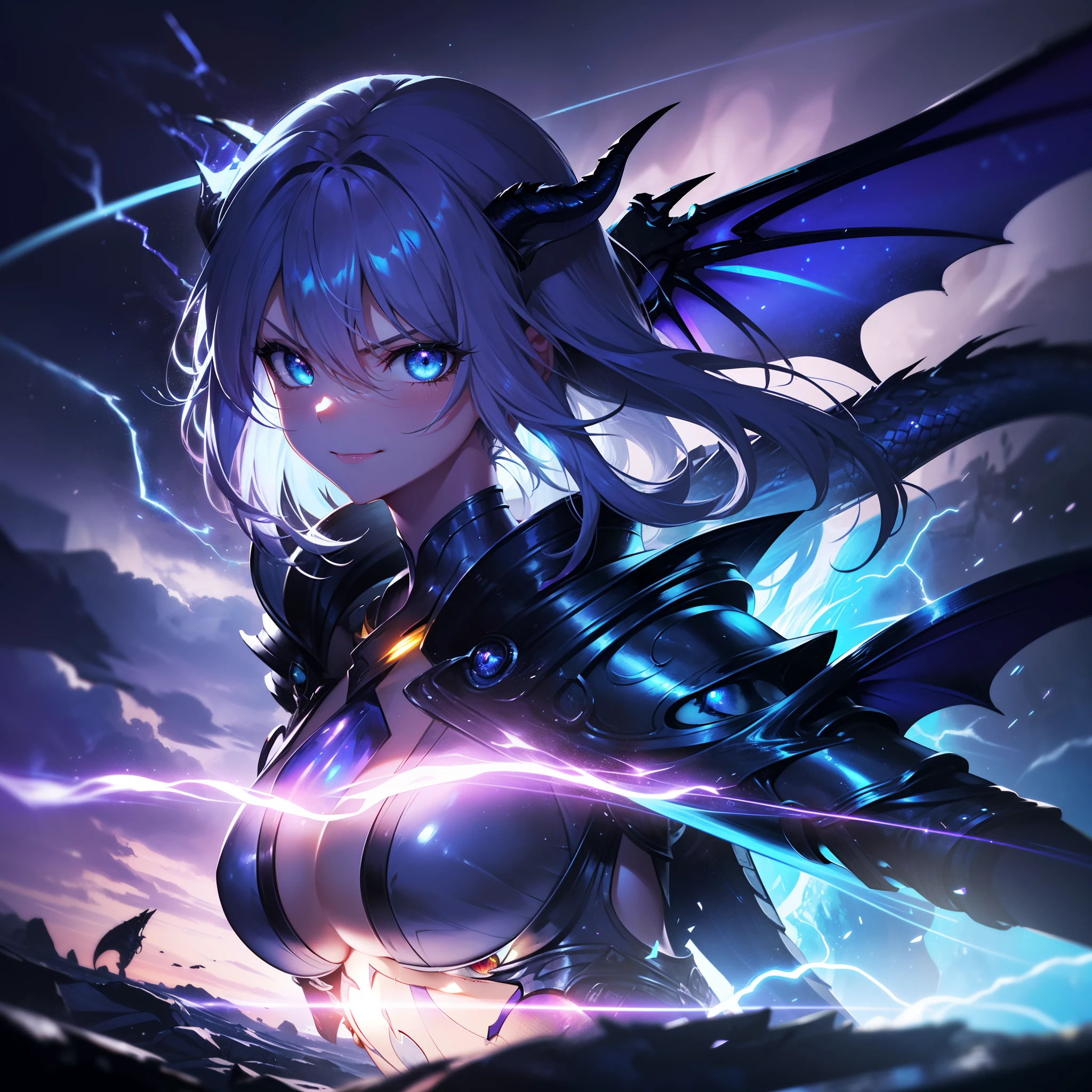 (Blue horn glowing with green lightning:1.7),(Two glowing blue dragon horns:1.3),(Long black hair that glows blue:1.3),Messy straight hair,(Face Focus:1.3),(Slim Face:1.3), (Blue lightning background:1.3),(angry,Smile:1.3) ,(tiny chest:1.0),(Lip close-up:1.3),(dragon knight:1.3), (Two big dragon wings:1.7), (Dressed in the armor of the Purple Dragon Knight:1.3), (complex armour:1.3), (The dragon:1.3),Starry skies and a vortex of light enveloped her, Canon 5D, 85 mm, depth of fields, 8K, ultra sharpness, nffsw, octane, Unreal, Dramatic light, Global Illumination,Motion Picture Film,rainbow,lensflare,(brue eyes:1.3),extremely detailed eye,(Purple Thunder Wave Art:1.3),(Fantasia:1.3),(Agfacolor:1.3),(close portrait:1.3),(Feminine:1.4),(Beautiful:1.4),(Attractive:1.3),Move an angle,perfectly detailed eyes,Themed Background,A completely huge dragon kills a partisan、(Armed combat action:1.3)