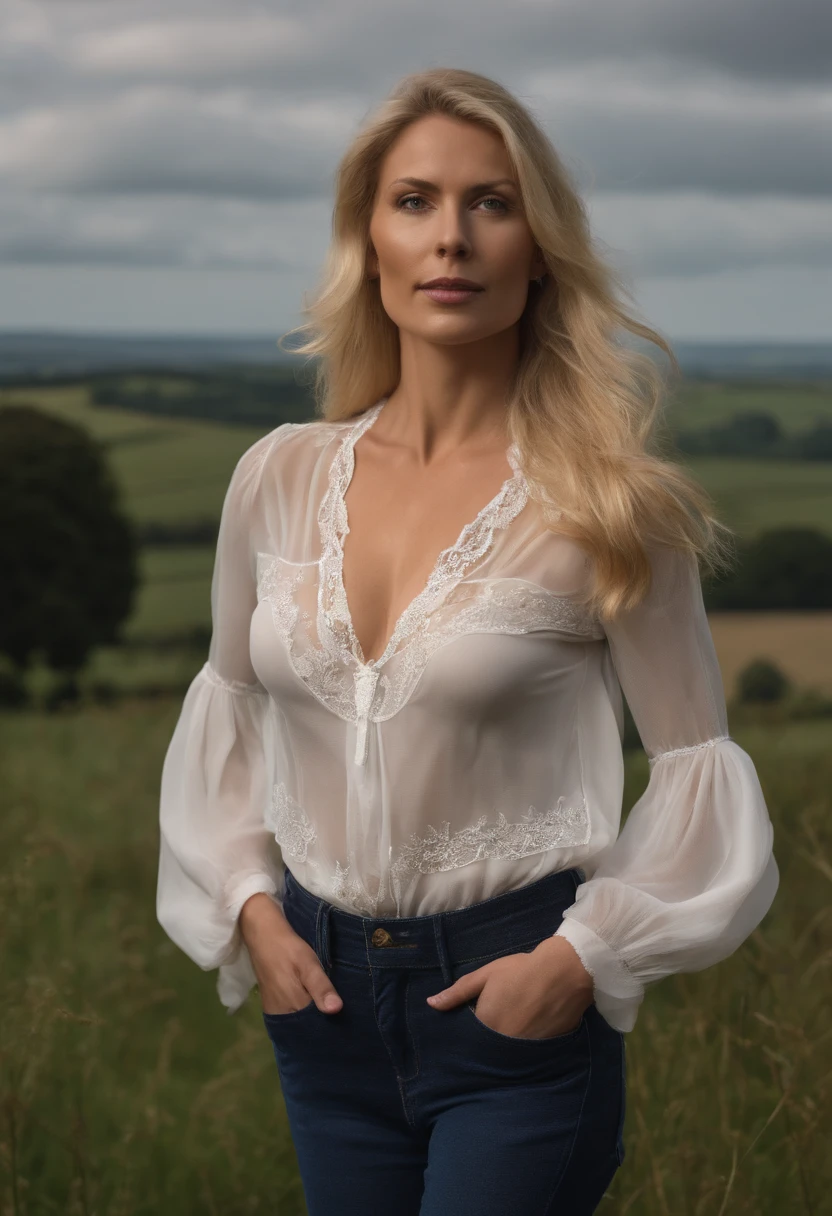 blond woman in a, uk countryside, 35 year old, The long-haired , White see-through blouse, deep neckline, Big breasts, beautiful decollete, no-bra, Mode Editorial, 8K recording, Hasselblad 80mm