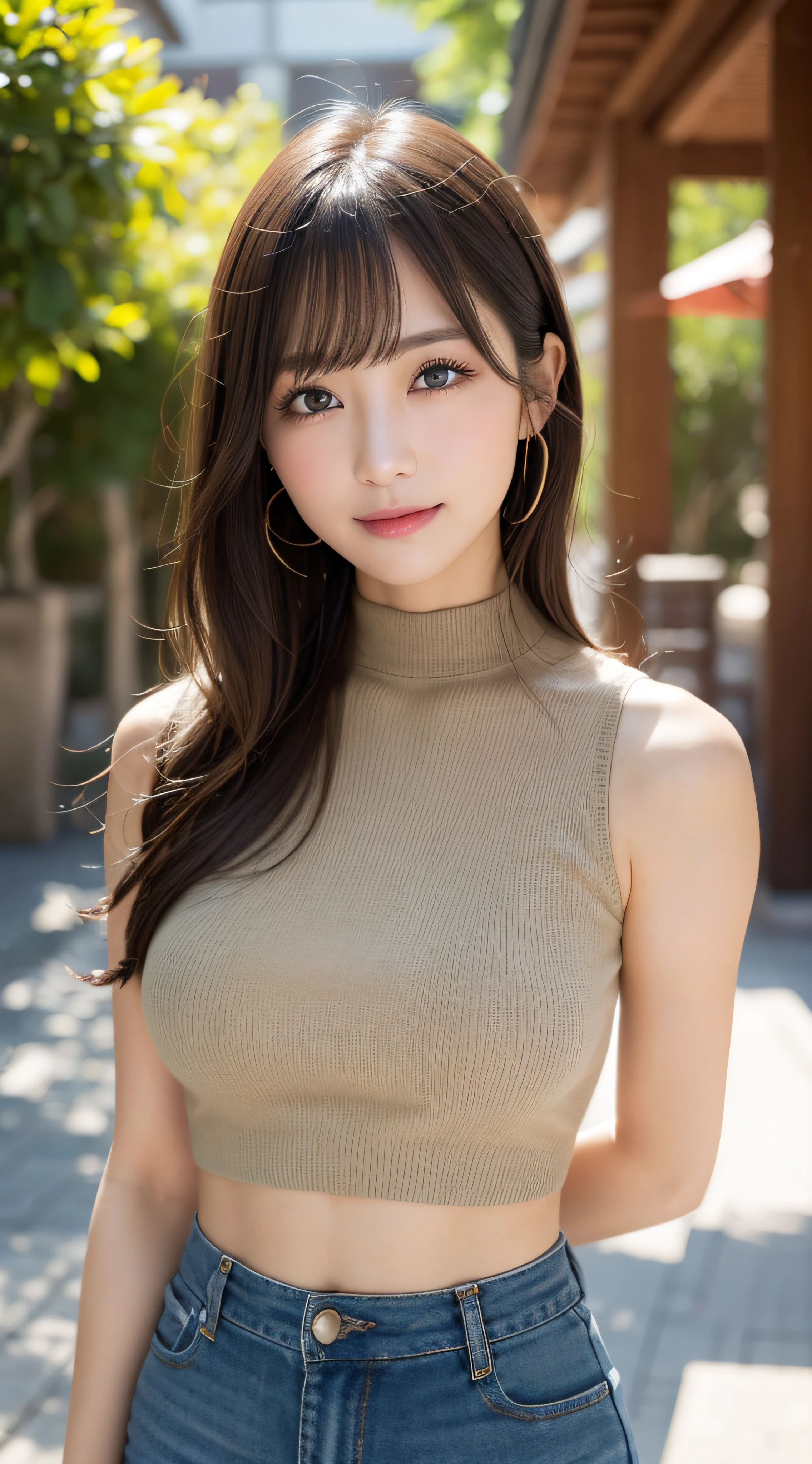 table top, highest quality, Photoreal, finely, High resolution, 8k wallpaper, perfect dynamic composition, detailed and beautiful eyes, medium hair, big and full breasts, random sexy poses,chest to chest、(Mock neck crop tank top khaki knit that shows cleavage)、(Breast bulge 1.2)、laughter、open your mouth、resort scenery、23 years old、(droopy eyes 1.4)、adult beauty、Japanese