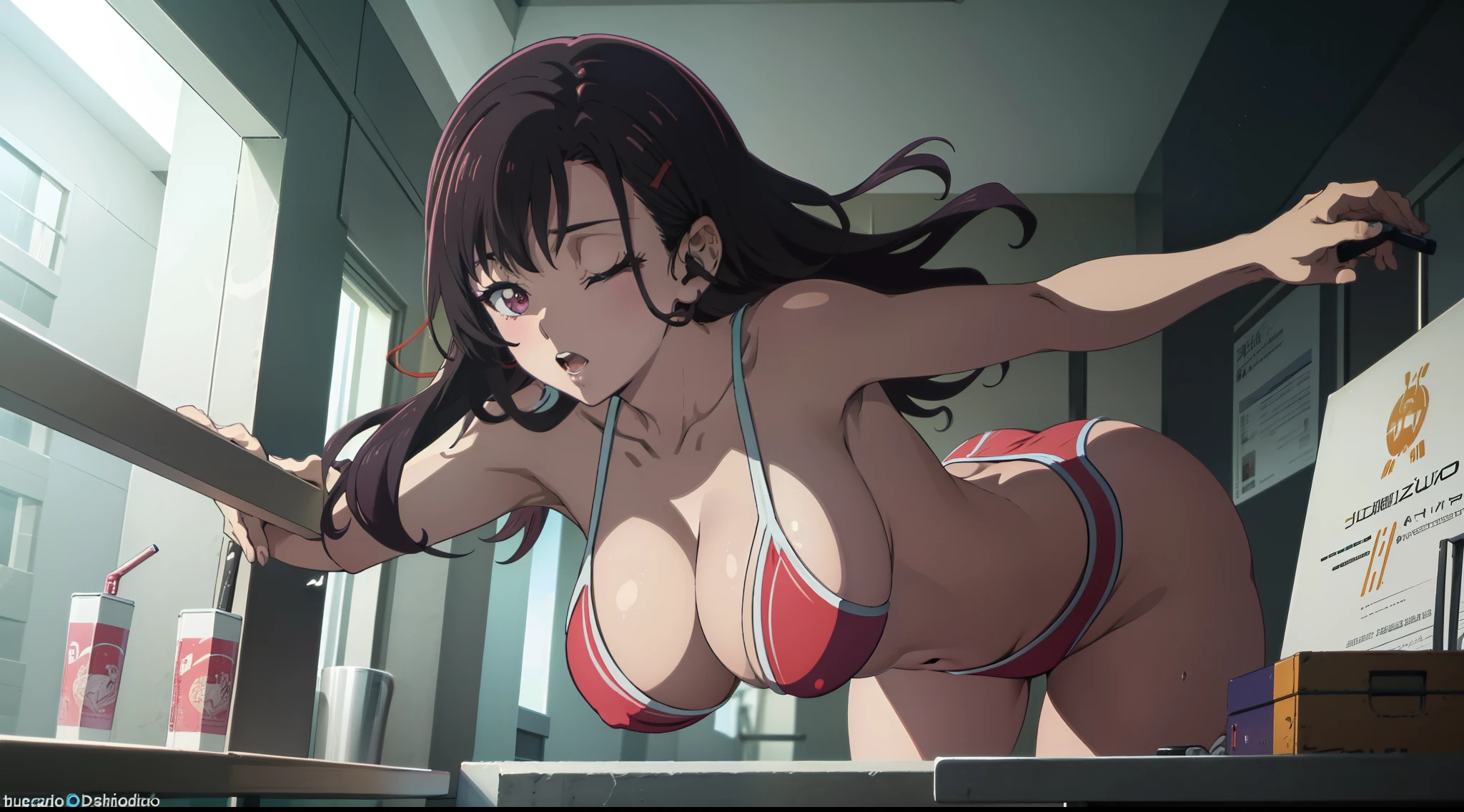 Shizuka de quatro. Corpo suado, grande bunda. Ass . Em frente de uma piscina. Dia de sol. Sexy, sensual, hot, hentai. Prazer. Fio dental. . Safada. Naughty