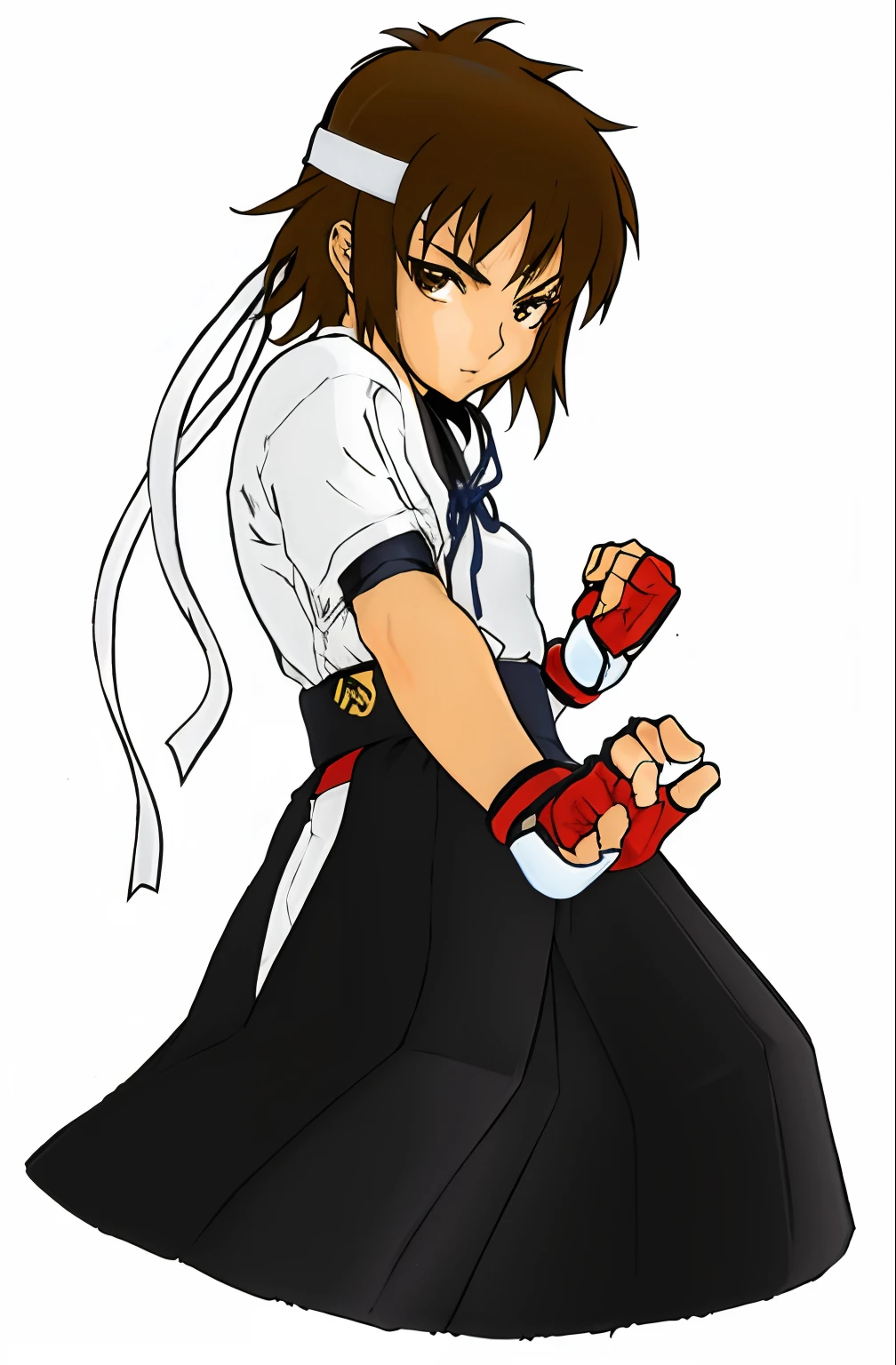 uma imagem de desenho animado de uma mulher em uma saia preta segurando um objeto vermelho, inspirado em Tsubasa Nakai, Pose de luta, inspirado em Kusumi Morikage, postura de luta, em uma postura de luta, Pose de luta, inspirado em Un'ichi Hiratsuka, Pose de lutador, personagem estilo anime, Mai Shiranui, em pose de luta, Makoto Shinkai