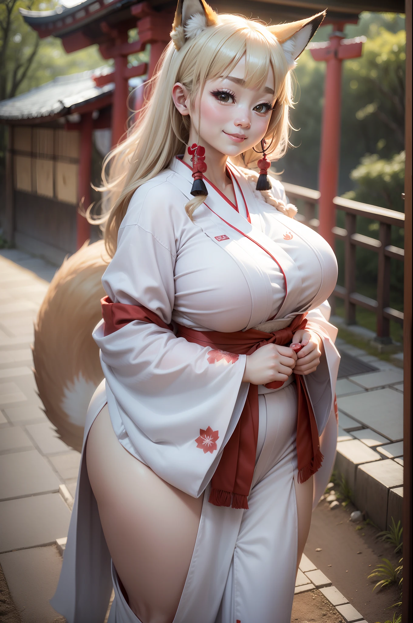 Fox Woman、body covered with fur、huge-breasted、kawaii、shrine maiden、Japan white clothes,Red Hakama、torii gate,summer day、From the top、Overhead view、Wide Shot、Very Wide Shot、A big smile、bbw、thick thight、big butts、Ultramammy