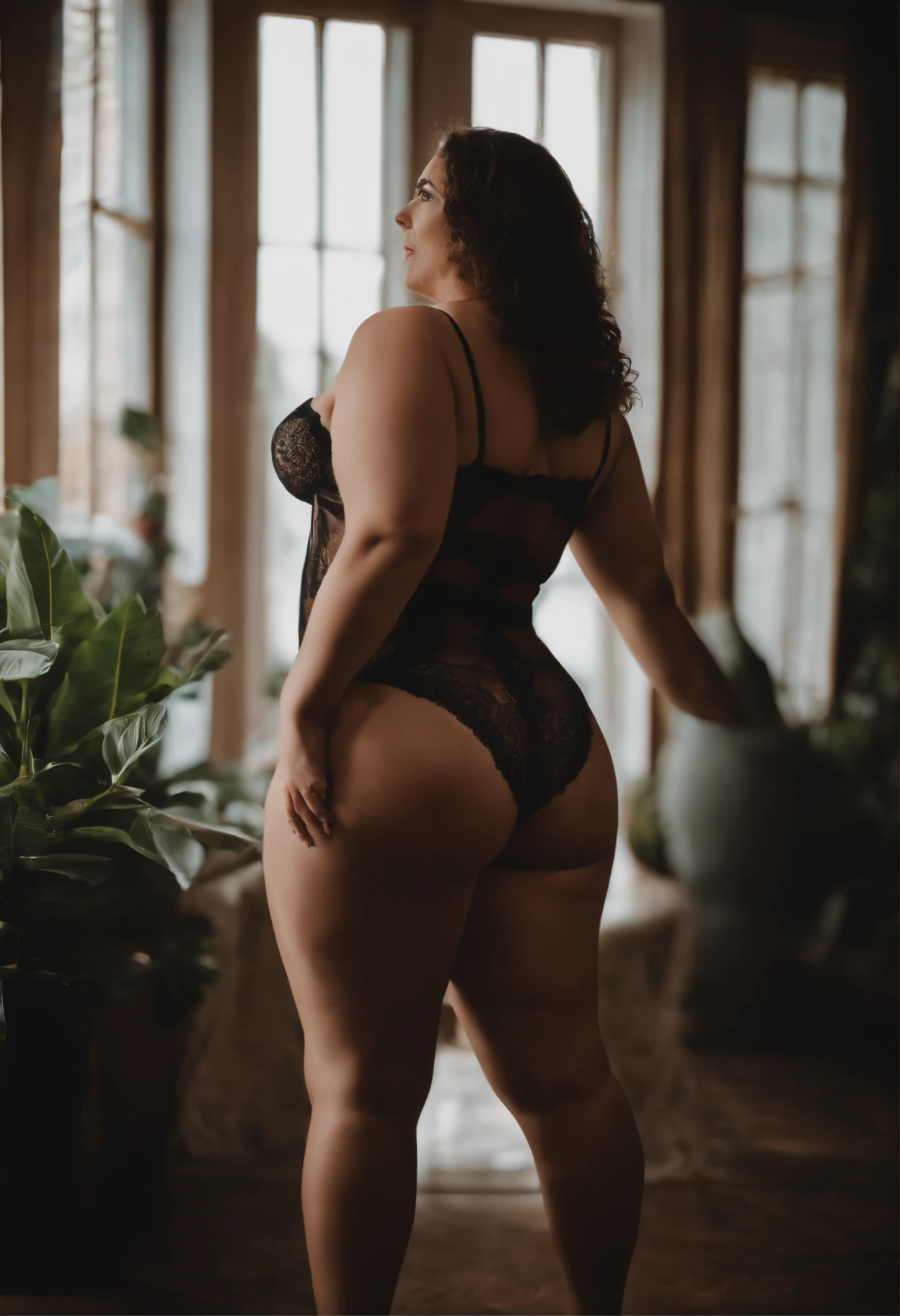 Masterpiece, best quality, nitid, ultra detailed, bbw woman's body in lingerie with large curvy booty, back to camera, face looking over shoulder at camera, sexy, thong, some cellulite