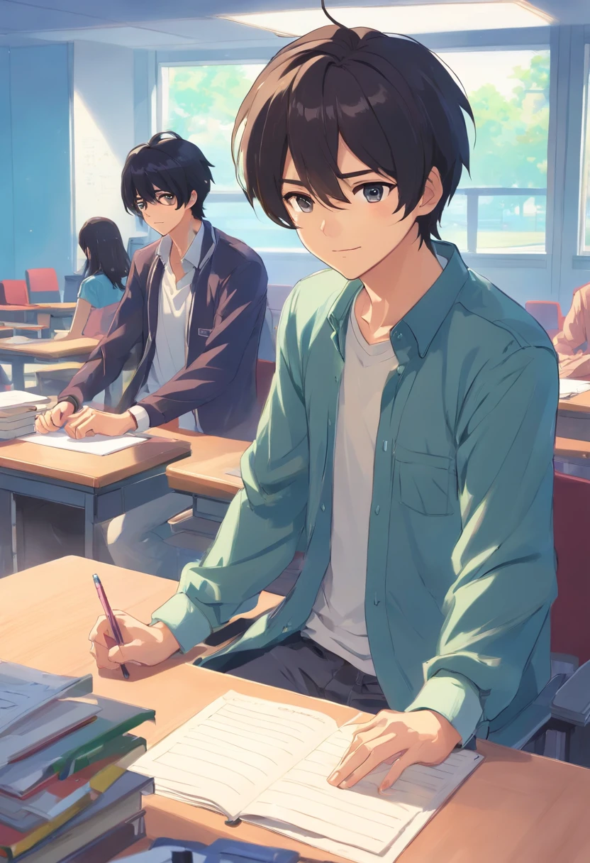 male people,Black hair,年轻,Wear casual attire,Wake up at your desk,in class room,Long-range shots