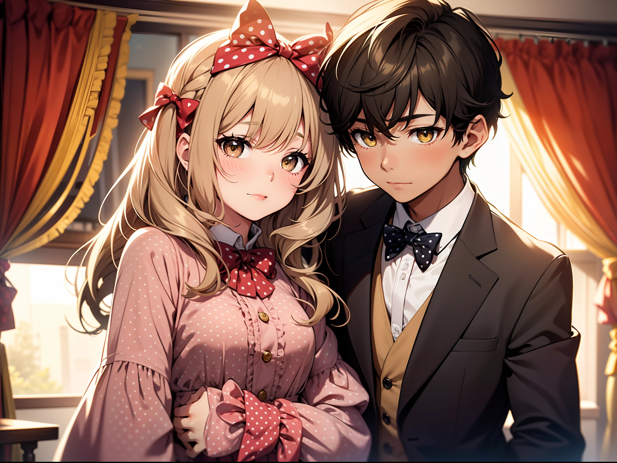 A boy and a girl stand in front of a polka dot background. The boy is wearing a necktie and the girl is wearing a polka dot dress. They both have yellow eyes and a slight blush on their cheeks. The boy has a bowtie and the girl has a bow in her hair. The overall image quality is of the best quality, with ultra-detailed elements and a realistic, photorealistic style. The colors are vibrant and the lighting is soft, creating a warm and inviting atmosphere.