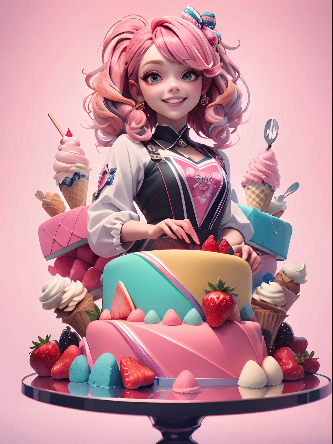 (((masterpiece))),best quality, [(white background:1.5)::5], (isometric:1.1), beautiful detailed fashion magazine style, pink hair girl wearing pastel decora fashion, intricate illustration, ice cream, sweets, shimmer, iridescent, light particles, cake, strawberries, fruits, dynamic angle, pink theme, glossy, shiny clothes, frills, 8k, smile, 3d, 3dmm