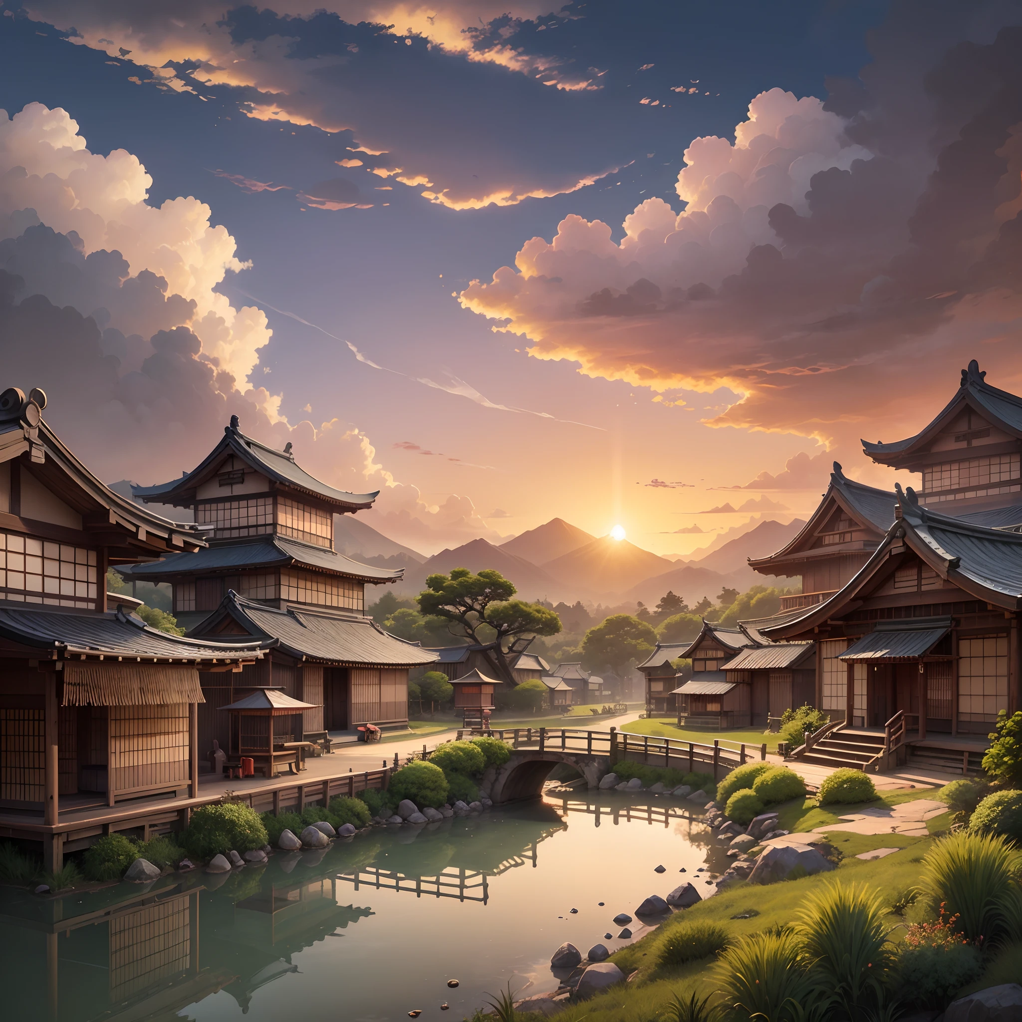 Old Japanese Village, Game Concept Art, Art Style, Traditional Japanese village, Sunset Background with Clouds 16:9 --auto --s2