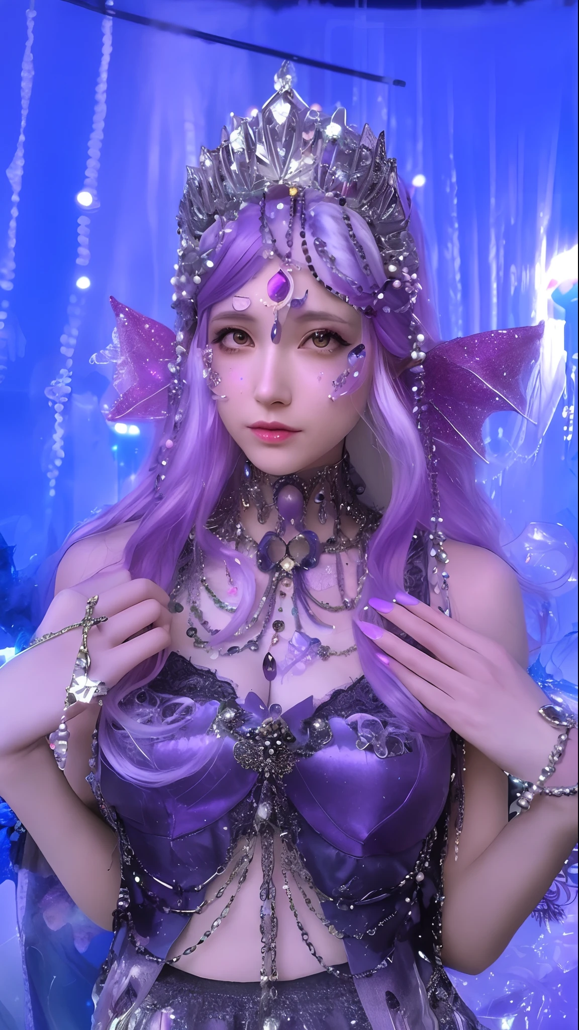 Woman with purple hair,Purple hair and purple clothing, jellyfish priestess, ((a beautiful fantasy empress)), closeup fantasy with water magic, portrait of mermaid queen, jellyfish headdress, Ethereal fantasy, a beautiful fantasy empress, Gorgeous Role Play, astral fairy, fantasy aesthetic!, princess of amethyst, beautiful elf with violet skin, hyper-detailed fantasy character, Delicate facial features,A masterpiece,Peerless beauty,Overweening,Beautiful