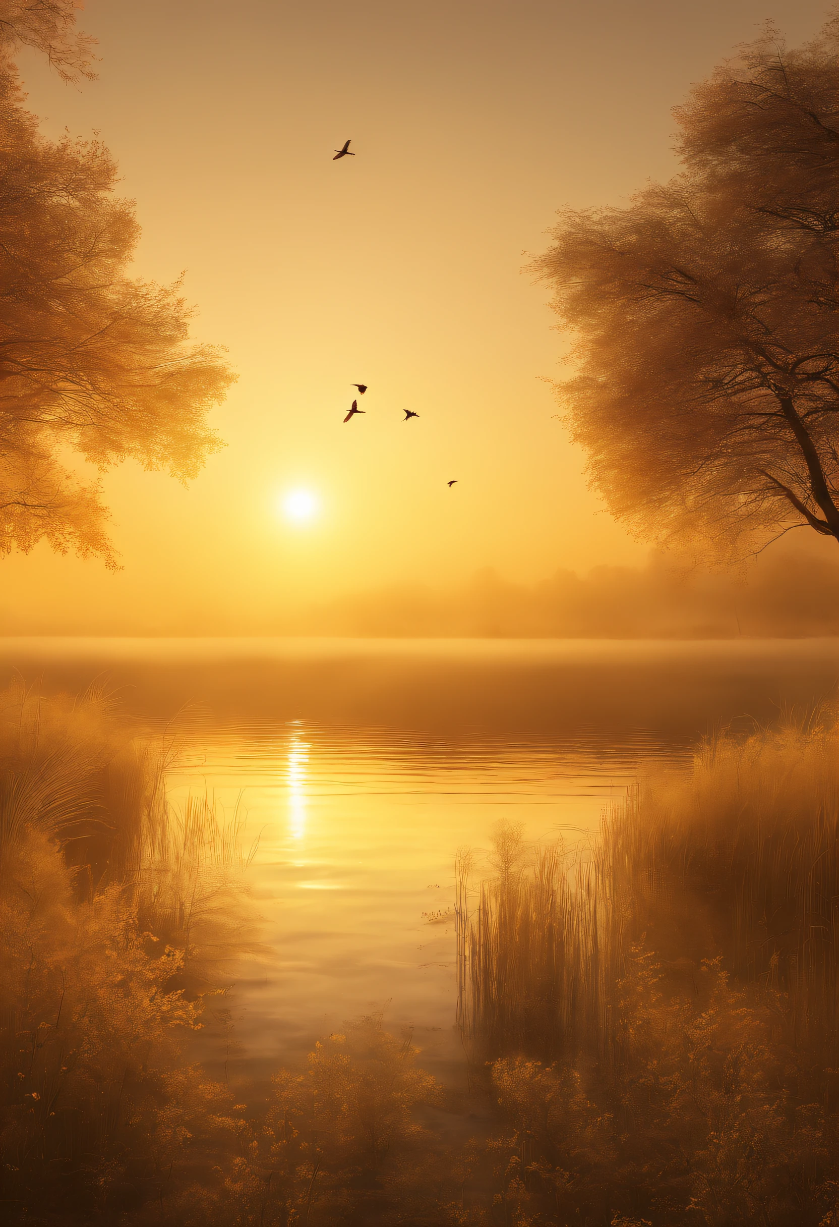 Peaceful scenery at dawn, Soft gold tones depict the horizon where birds sing, Image in 2560 x 1440 pixel format