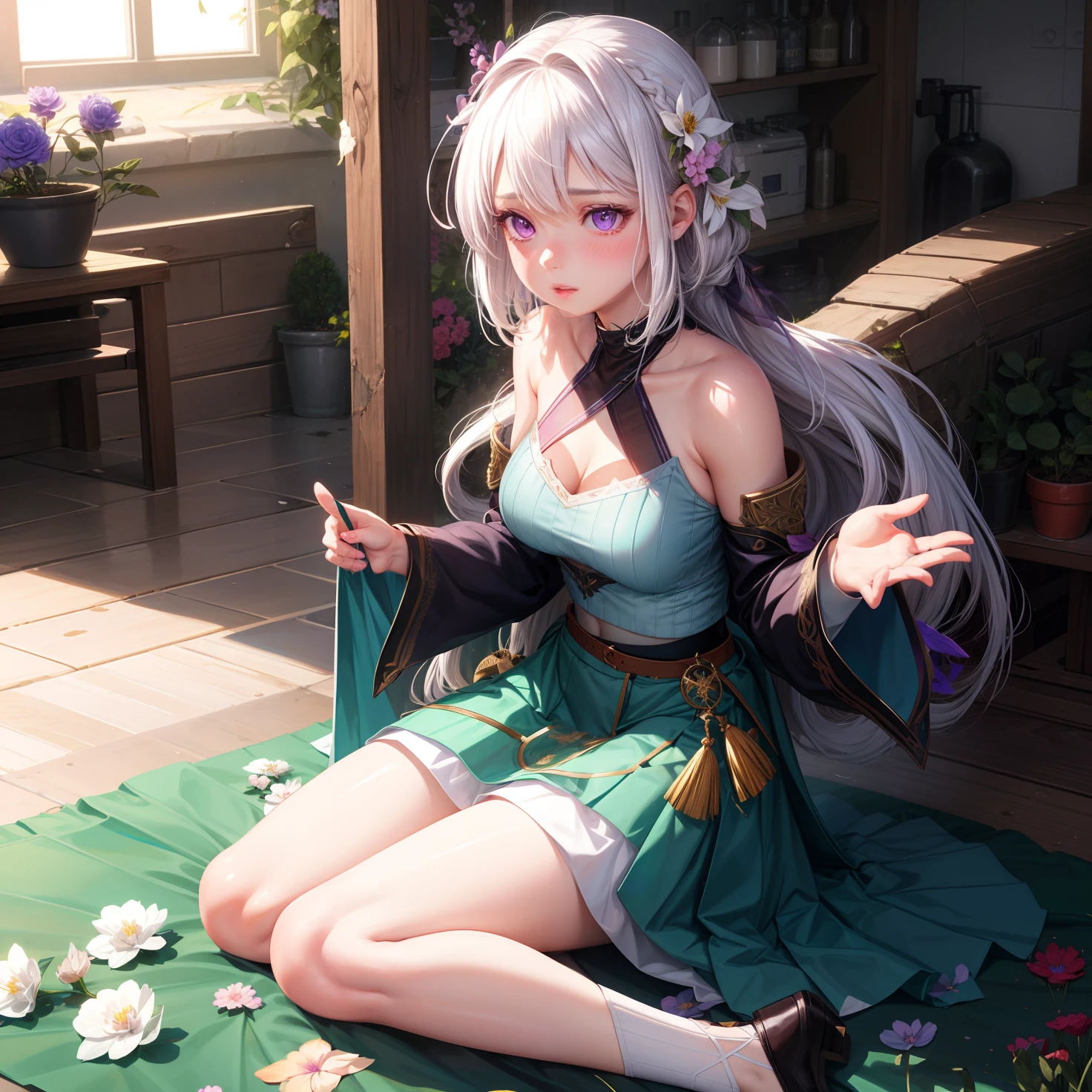 realistic, 1girl, white hair, purple eyes, glowing eyes, crop top, skirt, parted lips, blush, night, flowers, sun, sunlight,