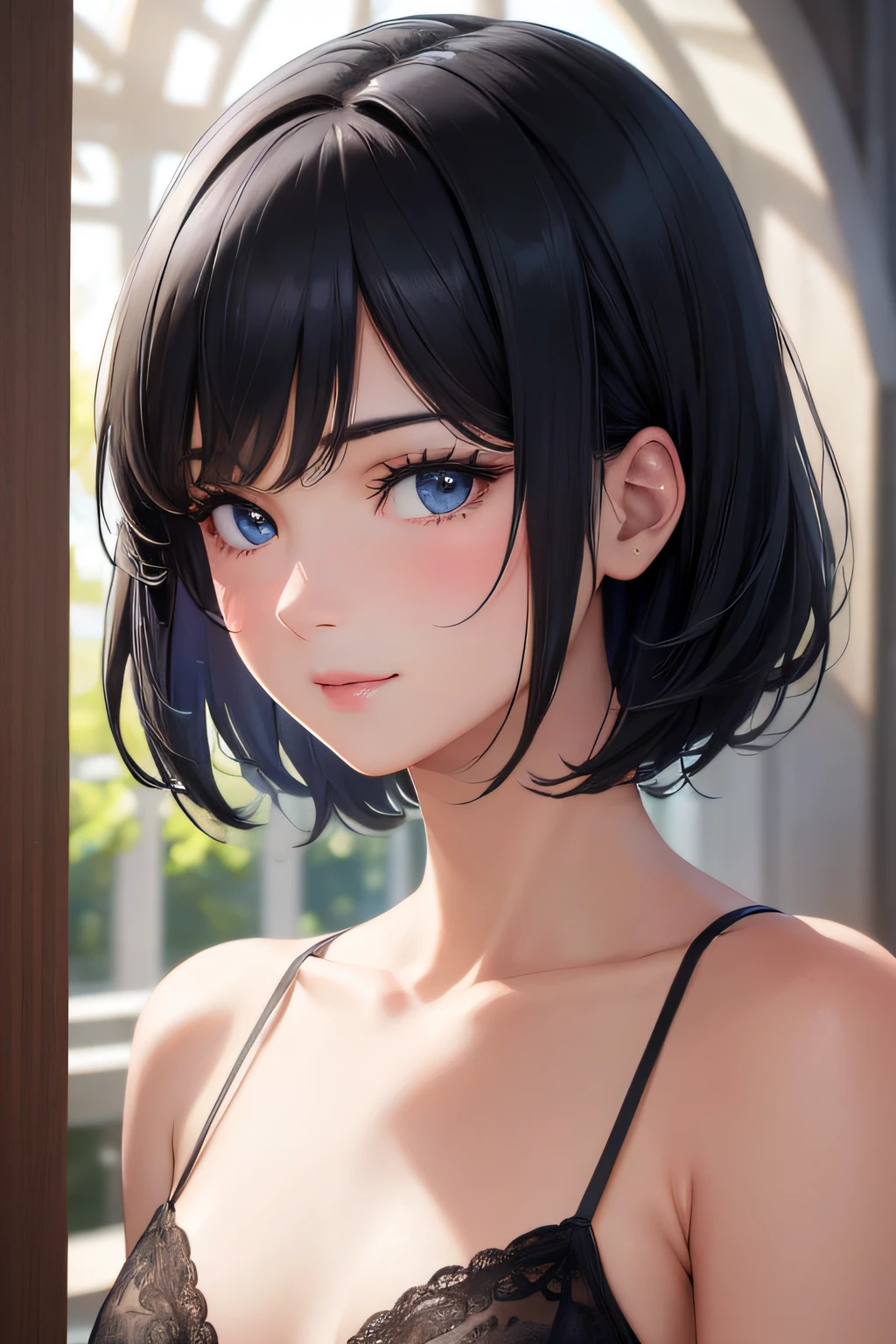 Short-haired, short-haired, short-haired, small breasts, small buttocks, backlit, (black hair, some iridescent hair at the bottom, half blue and half pink hair: 1.2), (ultra-high resolution, photorealistic, realistic, best quality, photorealistic), (8K, raw photo, highest quality, masterpiece), (((NSFW)), (photon mapping, radiosity, physically based rendering, automatic white balance), Technical sense, top quality, masterpiece, illustration, CG, unity, wallpaper, official art, amazing, fine details, very delicate and beautiful, very detailed, sharp focus, rich background, blurred background, (real person, photo), (high detail skin, visible pores)))), (face close-up))), ((small breast)), her face is like a work of art, All characteristics are perfectly balanced and symmetrical. Her eyes are bright green hue with long, thick eyelashes fanned out like feathers. They are framed by delicate arched eyebrows that give her an air of refined intelligence. Her nose is small and straight, with a slightly upturned tip, giving it a playful and mischievous look. Her lips are full and lush, with a sensual and charming natural pouting face. When she smiles, her entire face lights up and you can't help but be drawn into her infectiousness. Her skin is porcelain-like, smooth and perfect, with a natural glow that seems to come from within. It is as if she is illuminated from within, with a glow that sets her apart in any crowd. Looking at her, you can't help but be fascinated by her beauty and know that you will never forget her face.