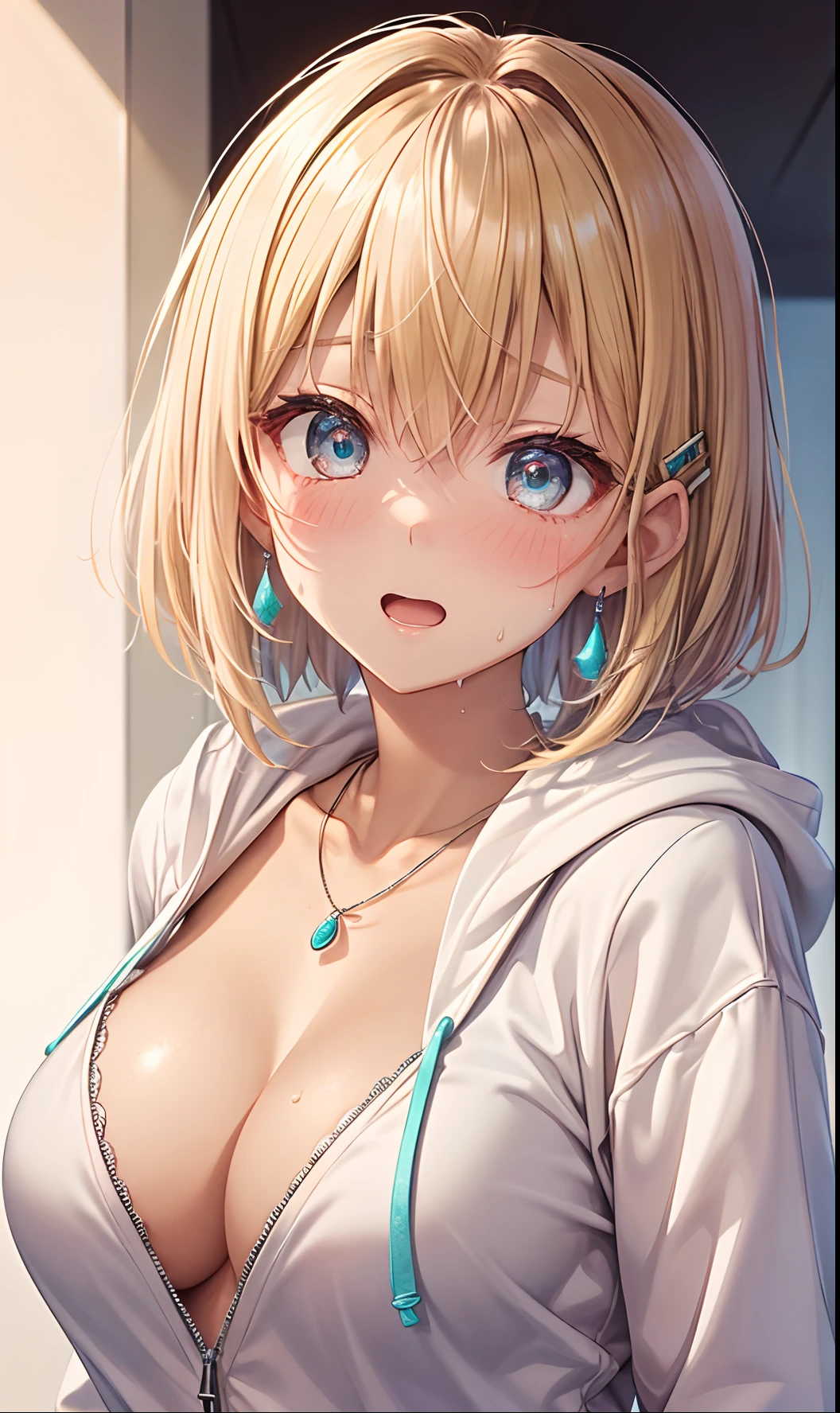 absurderes, ultra-detailliert,bright colour, extremely beautiful detailed anime face and eyes, (独奏:1.6), ;D, shiny_skin,25 years old, Short hair, , asymmetrical bangs, Blonde hair with short twin tails, Shiny hair, Delicate beautiful face, red blush,(cyan eyes:1.3 ) White skin, hair clips, earrings, a necklace,(Naked Hoodie:1.3),(Under the breasts:1.3) evening、(Surprised:1.5)、Wet、