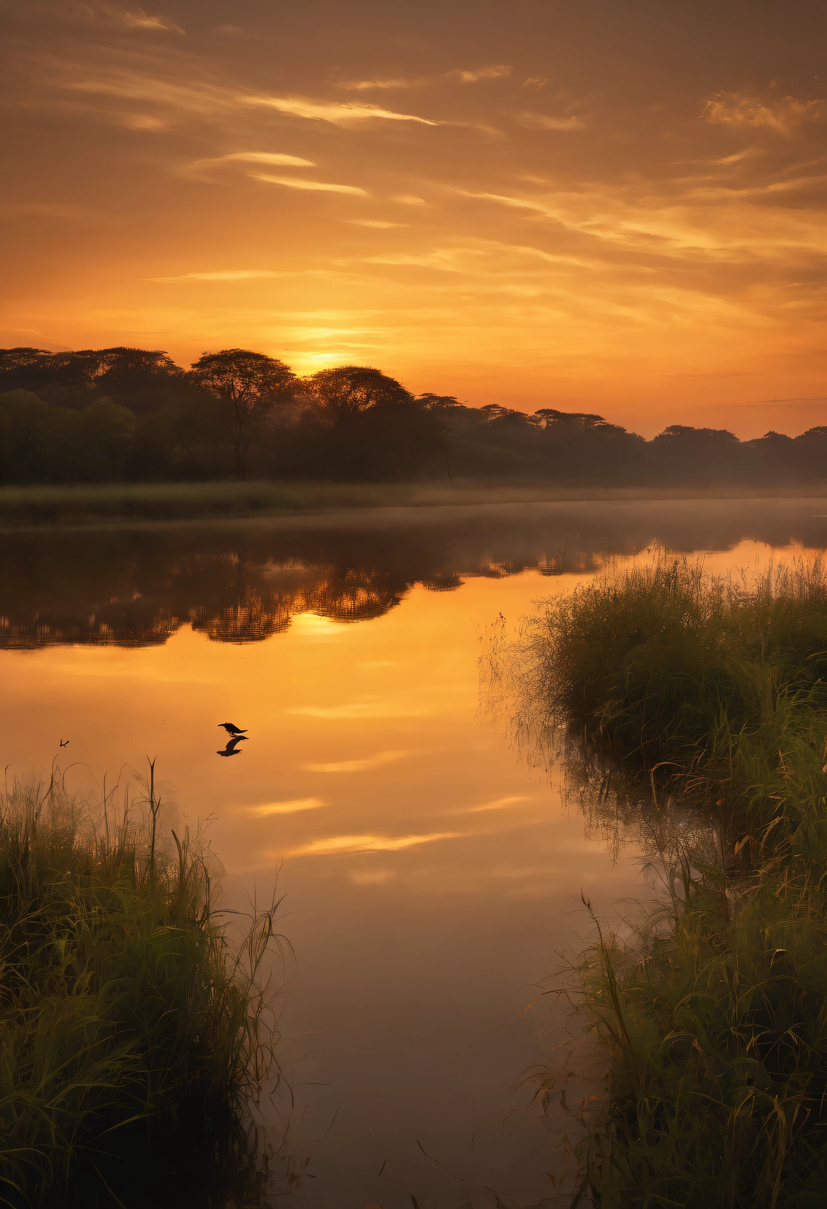 Peaceful scenery at dawn, Soft gold tones depict the horizon where birds sing, Image in 2560 x 1440 pixel format