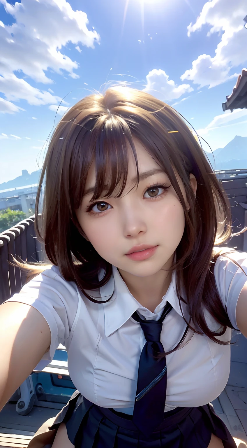 top-quality、Medium bob hair、beautiful a girl、On-Quality, masterpiece, (((Imagine a scene where the camera is looking up at a person from directly below. Please describe this scene in detail, Including subject poses, Lighting, Background, Atmosphere, and certain other information you can provide.))),hi-school girl, School uniform, plump big breasts, White blouses, pleatedskirt, White panties, Open legs, Red face, Strong sunlight, white clouds,