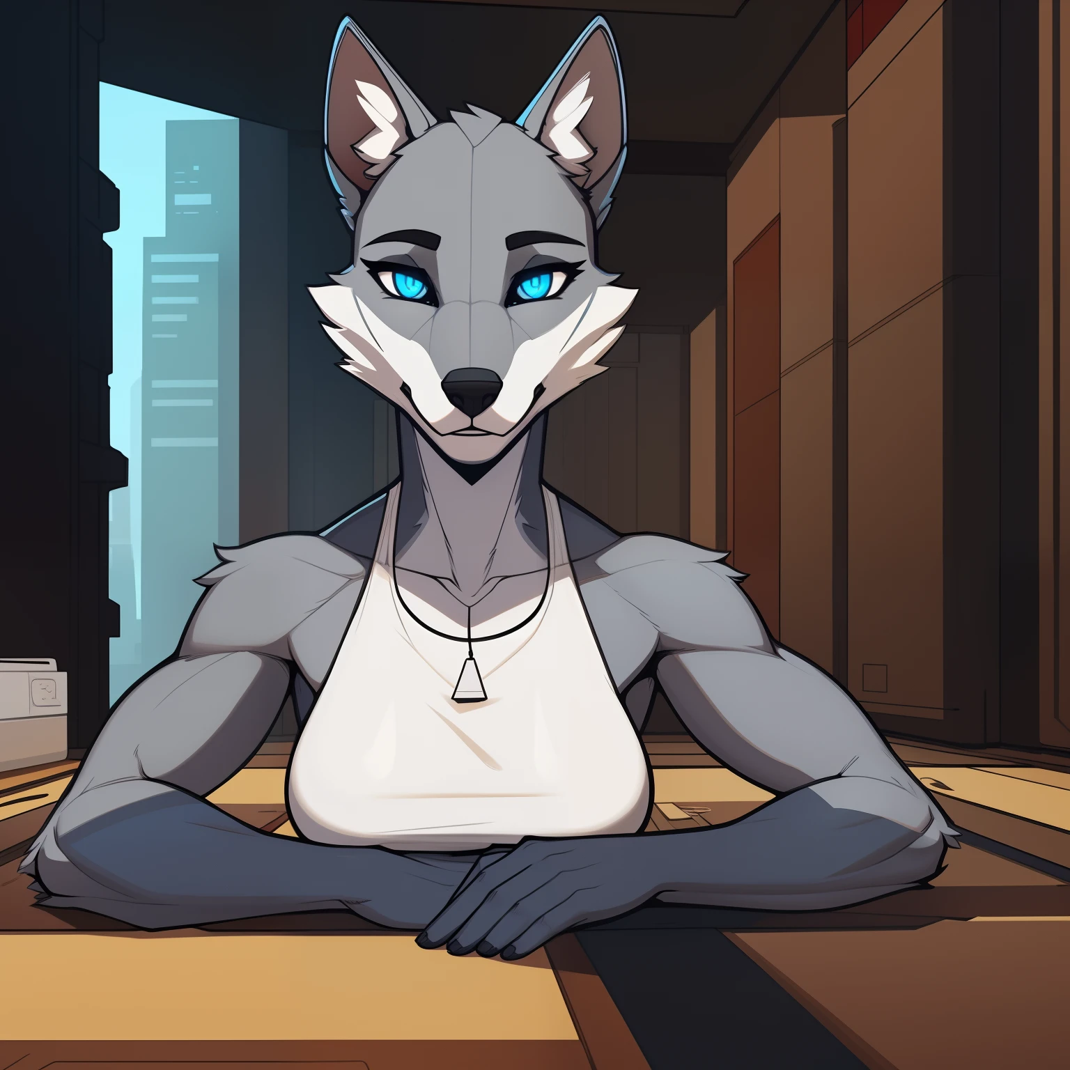 Lanky_muscular_husky female gray_furry_body blue_eye solo Masterpiece best_quality absurdres highly_detailed cleanly_drawn_eyes anthro_only by_claweddrip, by_greasymojo, by_underscore-b, by_runawaystride