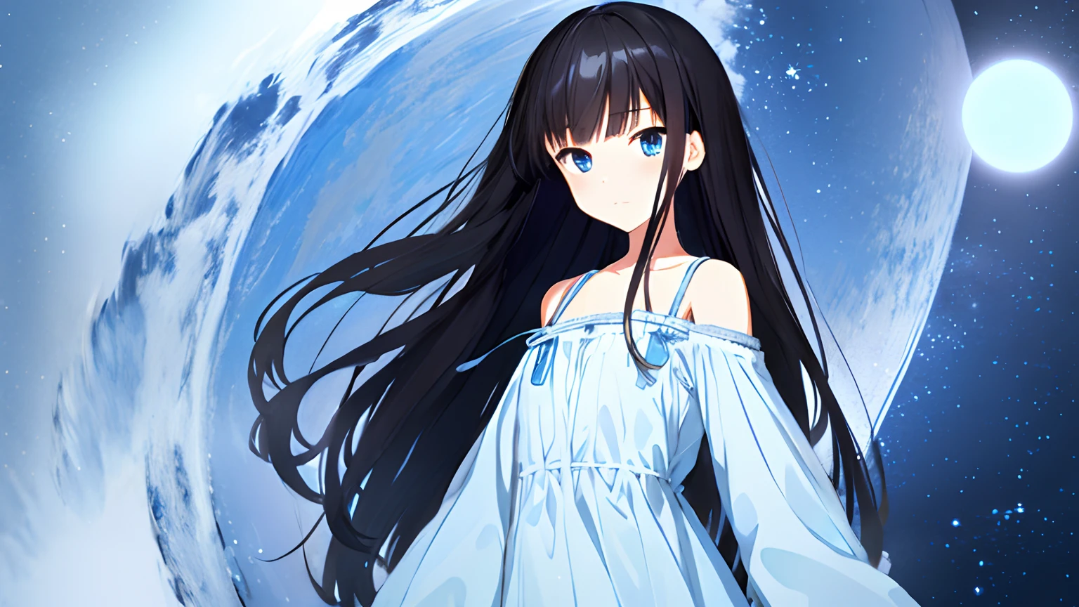 megami_zenitsu, masterpiece, 1girl, solo, pov, black hair, blue eyes, medium to long hair, small breast, flat chest, small posture, slight smile, standing, warp hole, reaching out, face focus, limbo, casual outfit, looking at viewer, from right side angle