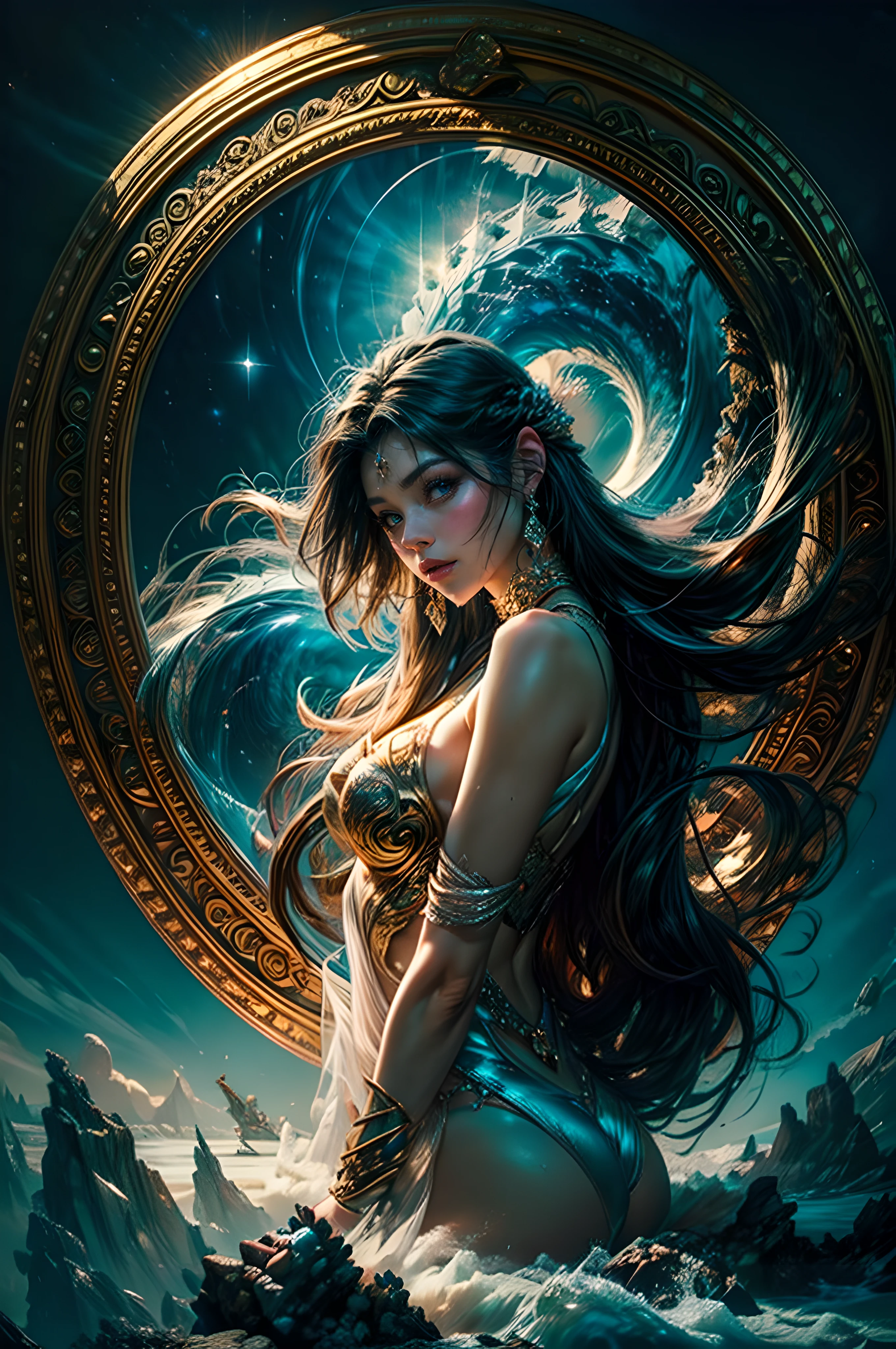 Diving Into The Ether Flowing with The Eternal Soul Through Vibration of love, everything is connected, Flowing energy, Spiritual, divine, dreamlike, cosmic, concept art, feminine beauty, god, dreamlike art, erotic