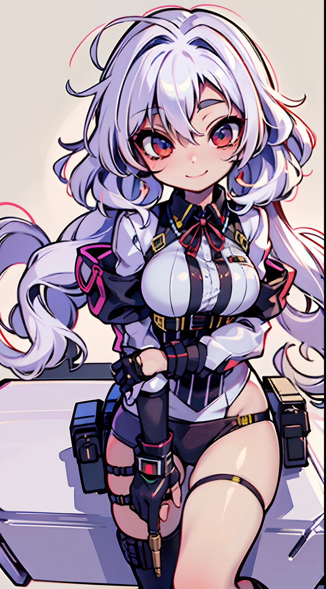 8K，best qualtiy，tmasterpiece，Front lens，A beauty stands on an armored car，G cup，heroic look，cyber punk perssonage，Gold combat uniform，Hand-held laser knife，white color hair，Be red in the face，A confident smile，Spiral Curls