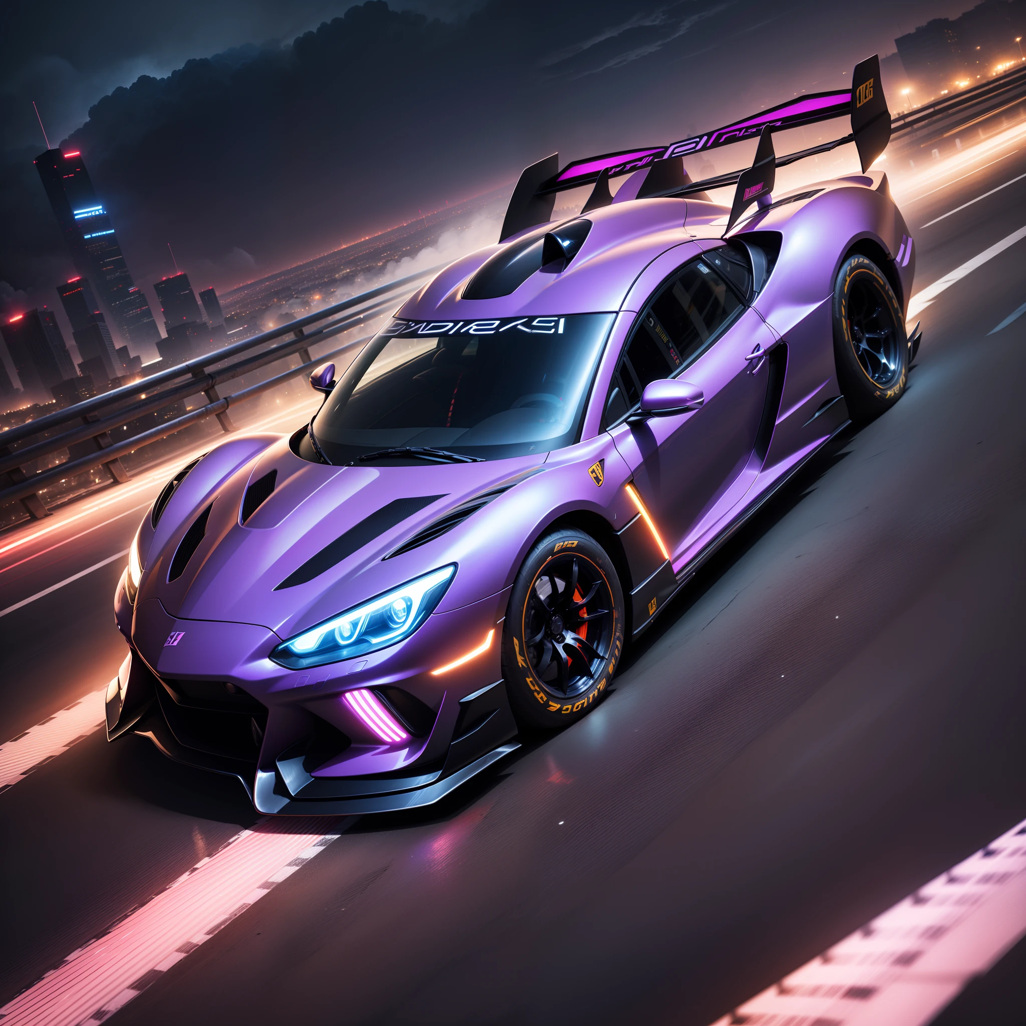 (highres,best quality:1.2),ultra-detailed,anime style purple race car,shiny metallic body,streamlined design,glowing neon lights,reflective surface,sharp edges,powerful engine,aggressive stance,sleek lines,high-speed action,curved tires,motion blur,drifting,night time scene,city skyline in the background,vibrant colors,stylish driver,cool shades,side exhaust pipes,aerodynamic spoilers,clouds of smoke,light trails,mystical atmosphere