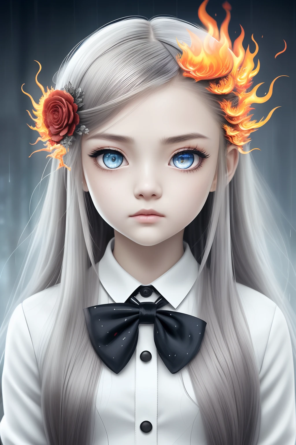 masutepiece,Best Quality, Illustration,{Beautiful detailed girl},Beautiful detailed glow,(flame of war:1.2),(nuclear explosion behide:1.3),Rain,Detailed Lighting,detailed water,(Beautiful detailed eyes:1.1),deadpan,palatial palace,Azure hair,disheveled hair,Long bangs,hairs between eyes,(whitegrey dress:1.1),a black ribbon,white bow ties,Midriff,big forhead,blank stare,flower,Long sleeves