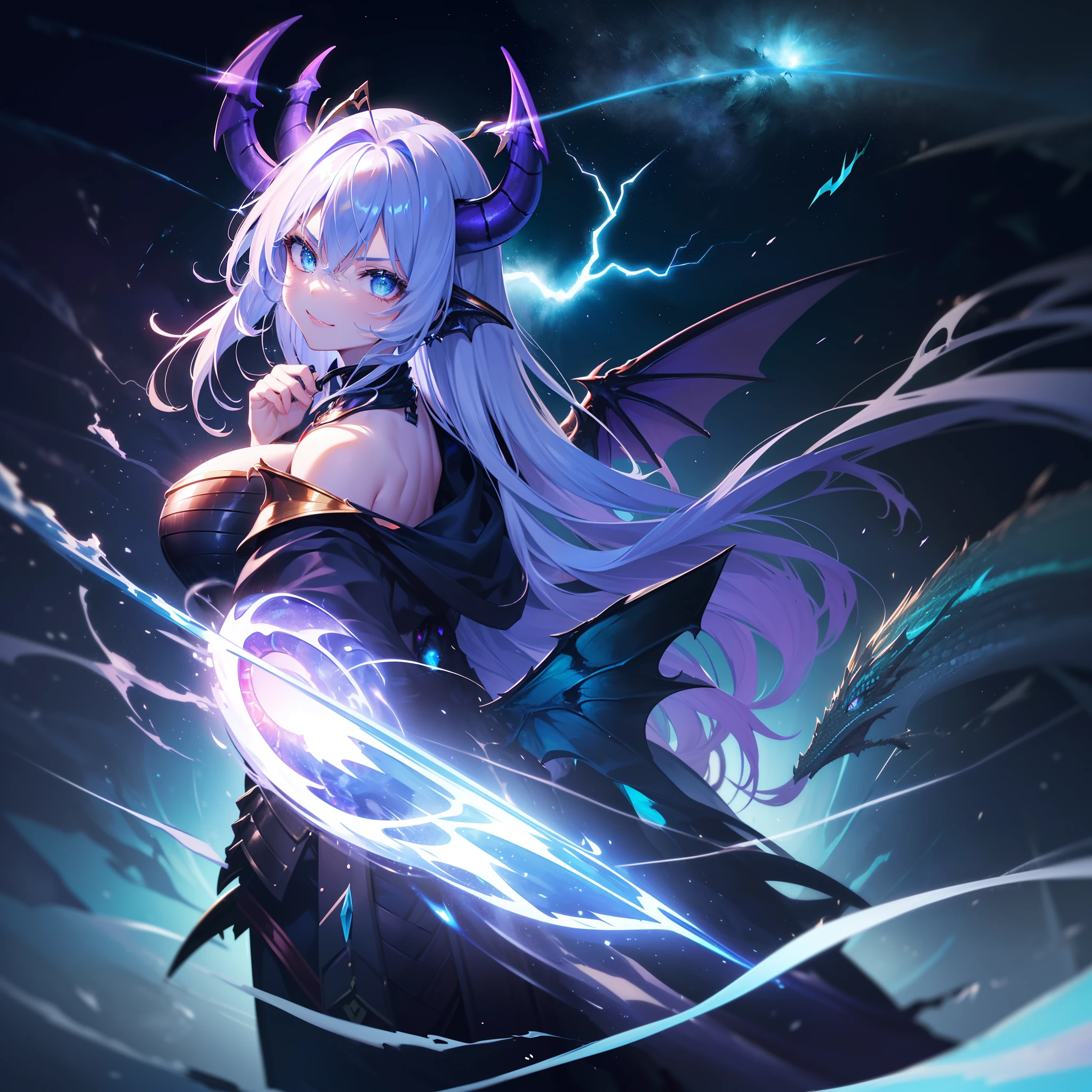 Cat's ears,(Blue horn glowing with green lightning:1.7),(Two glowing blue dragon horns:1.3),(Long black hair that glows blue:1.3),Messy straight hair,(Face Focus:1.3),(Slim Face:1.3), (Blue lightning background:1.3),(angry,Smile:1.3) ,(tiny chest:1.0),(Lip close-up:1.3),(dragon knight:1.3), (Two big dragon wings:1.7), (Dressed in the armor of the Purple Dragon Knight:1.3), (complex armour:1.3), (The dragon:1.3),Starry skies and a vortex of light enveloped her, Canon 5D, 85 mm, depth of fields, 8K, ultra sharpness, nffsw, octane, Unreal, Dramatic light, Global Illumination,Motion Picture Film,rainbow,lensflare,(brue eyes:1.3),extremely detailed eye,(Purple Thunder Wave Art:1.3),(Fantasia:1.3),(Agfacolor:1.3),(close portrait:1.3),(Feminine:1.4),(cute little:1.4),(Attractive:1.3),Move an angle,perfectly detailed eyes,Themed Background,A completely huge dragon kills a partisan、(Armed combat action:1.3)