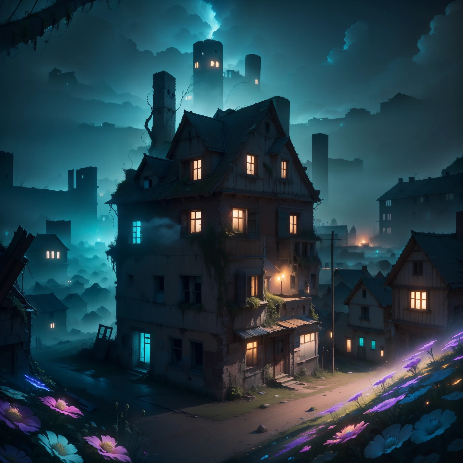 Magic town, Astral Town, stars, cinematic lighting, dynamic light, fog, Nettle thickets, thorny nettle thickets, old houses, forgotten houses, green plants