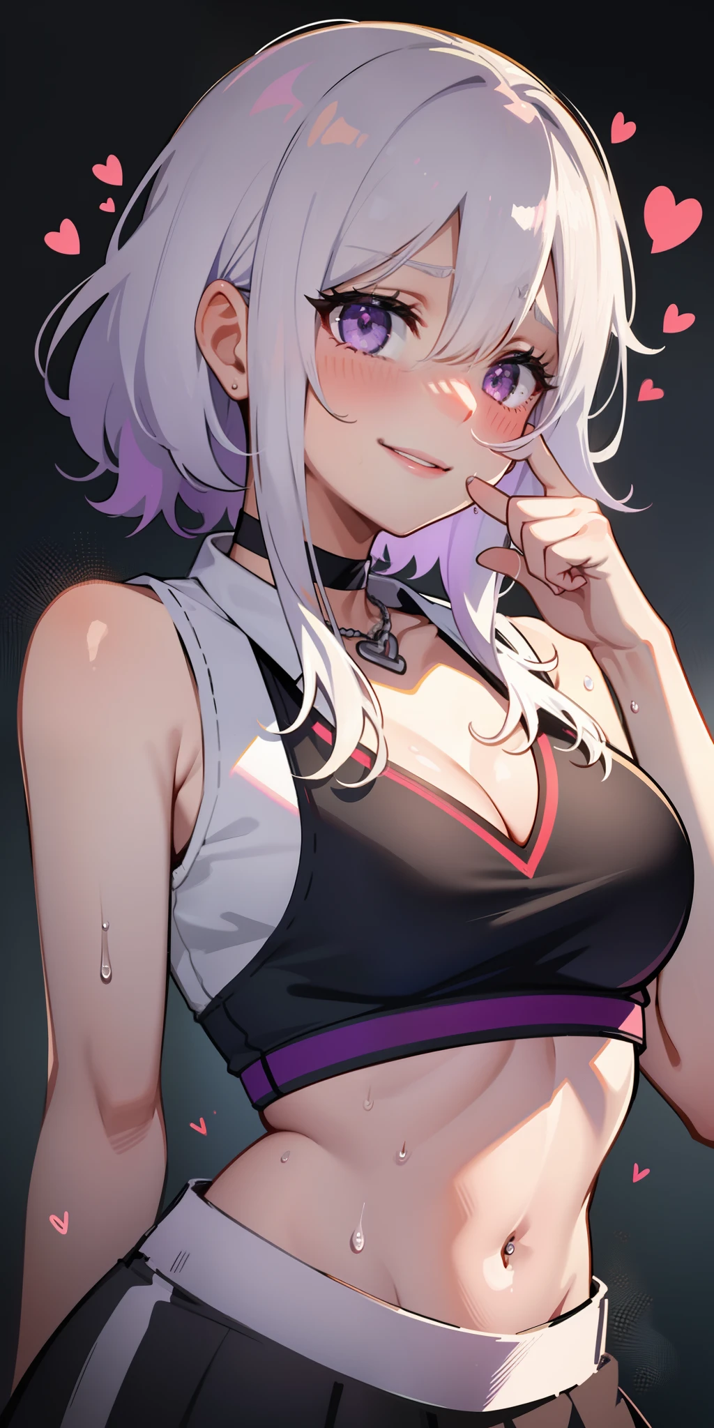 1girll,Heart-shaped pupils,finger nails,hand on own face,White hair,Purple eyes,(Blush:1.1),choker necklace,Upper body,Trembling,Sweat,drops of sweat,Heart,(speed-line:1.1),Medium breasts, ((rough breath:1.3)), Love, Heart, Crop top, cheerfulness, Smile,Vest line,short skirt