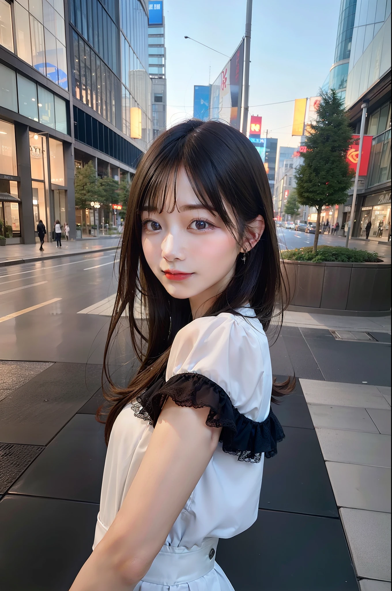 top-quality, ​masterpiece, 超A high resolution, (Realisticity: 1.4), OriginalPhotographs, 1 Girl Cinematic Lighting、Pulling photo、A city scape、Fashionable clothes、cafes、Front photo