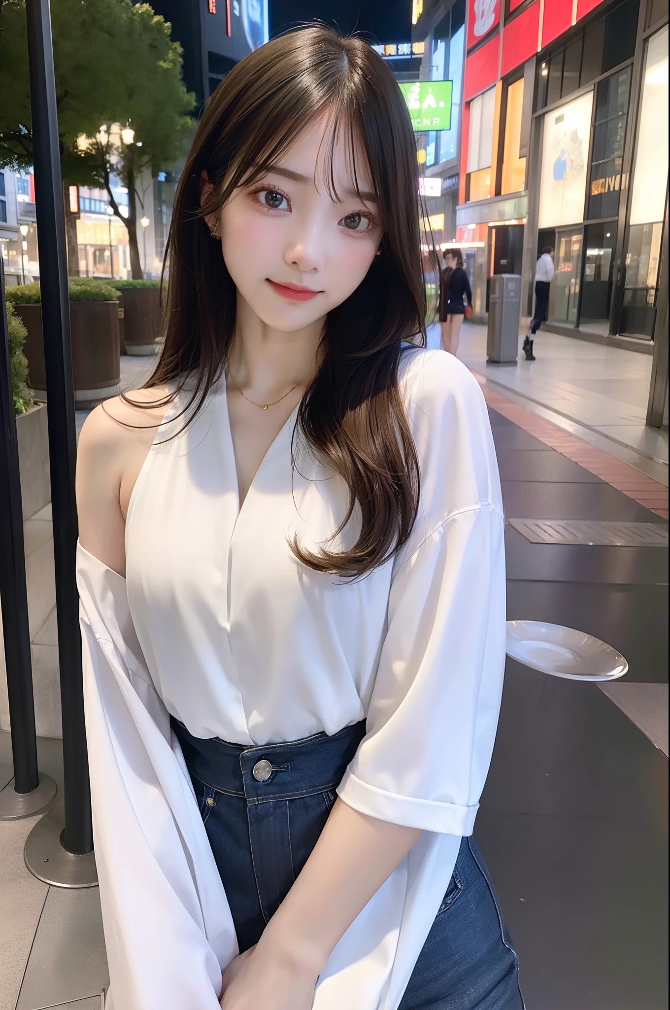 top-quality, masterpiece, 超A high resolution, (Realisticity: 1.4), OriginalPhotographs, 1 Girl Cinematic Lighting、Pulling photo、A city scape、Fashionable clothes、cafes、Front photo