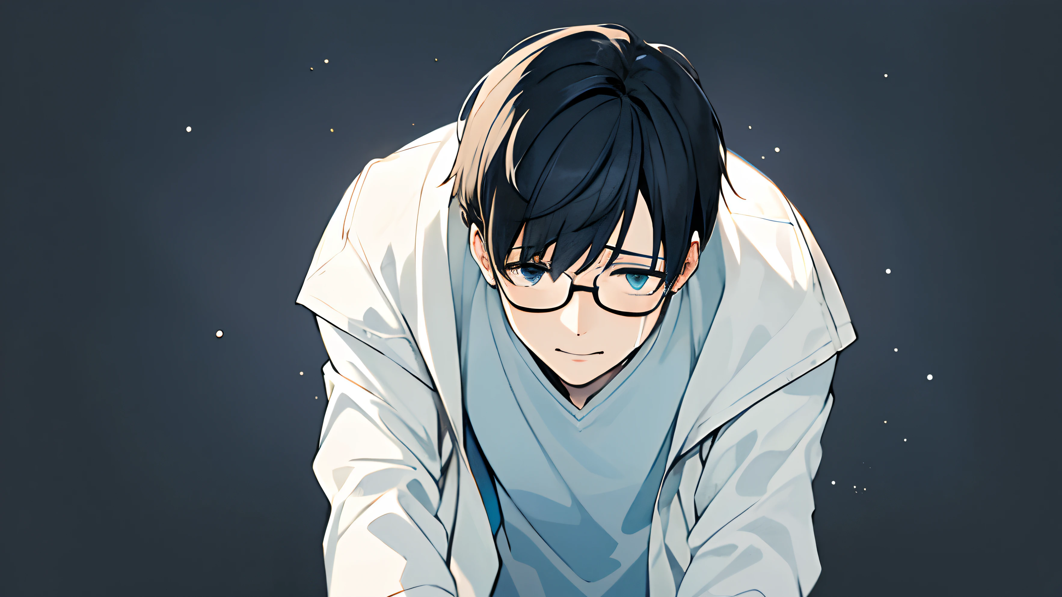 hashimoto_akihito, masterpiece, 1boy, solo, pov, black hair, blue eyes, short hair, a little bit overweight, glasses, slight smile, standing, crying, face focus, limbo, white pharmacist coat, space background, looking at viewer