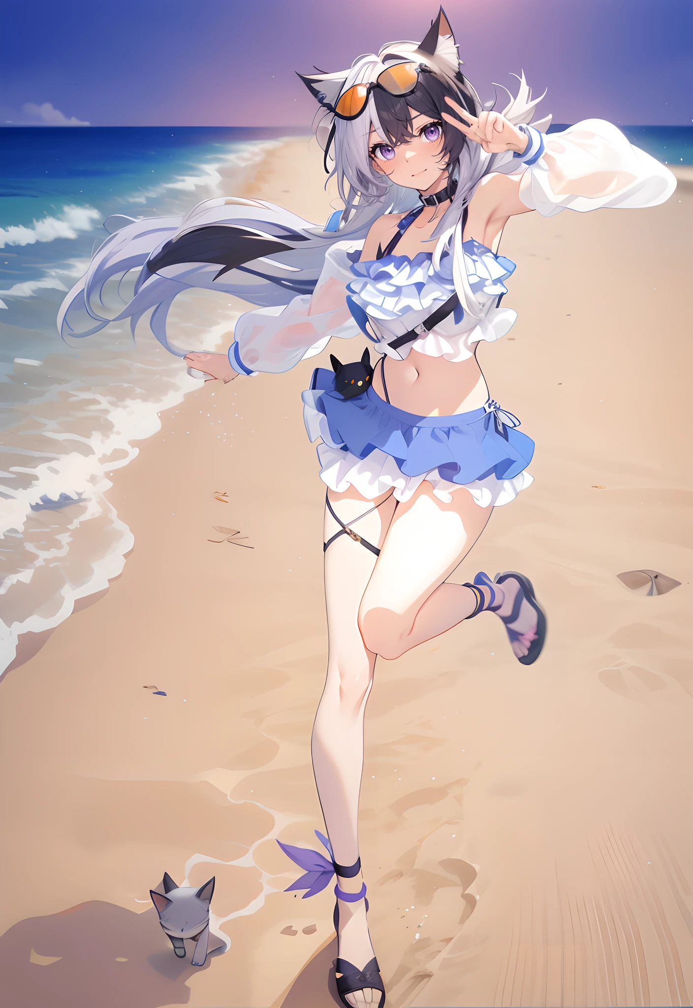 tmasterpiece,HighestQuali,Anime girl running on beach, Black and white hair,Orange sunglasses on the head,Purple eye,in the beach, scissor hands,Cat-eared girl,Cat lady,swim wears,Guviz, Have by the sea, in beach, on  the  beach, Seafront, On a sunny beach