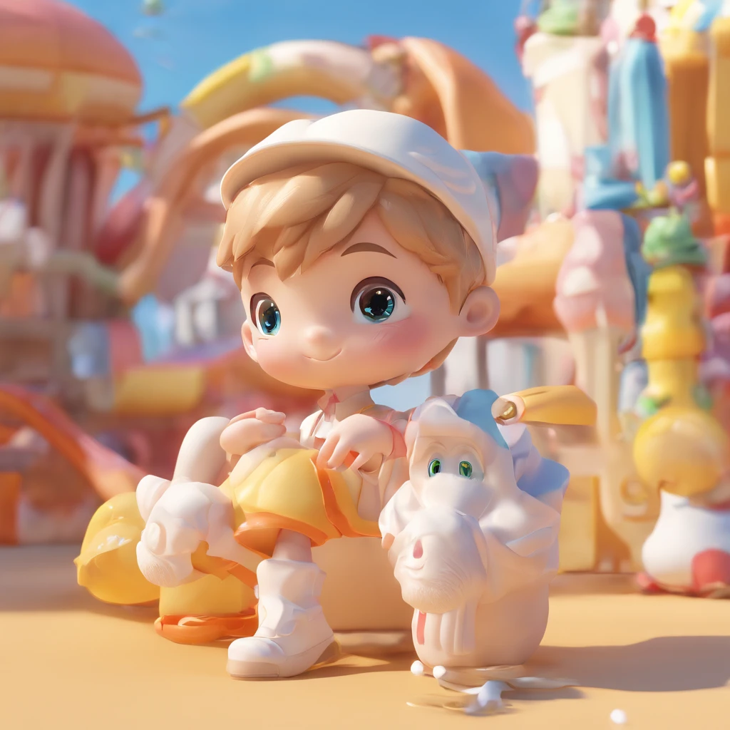 super cute boy IP by pop mart, Bright eyes, cherub,Little white dress, Clay, Models, a blind box toy, Glossy and delicate,Clean background, Good gloss, 3D rendering of,Best quality