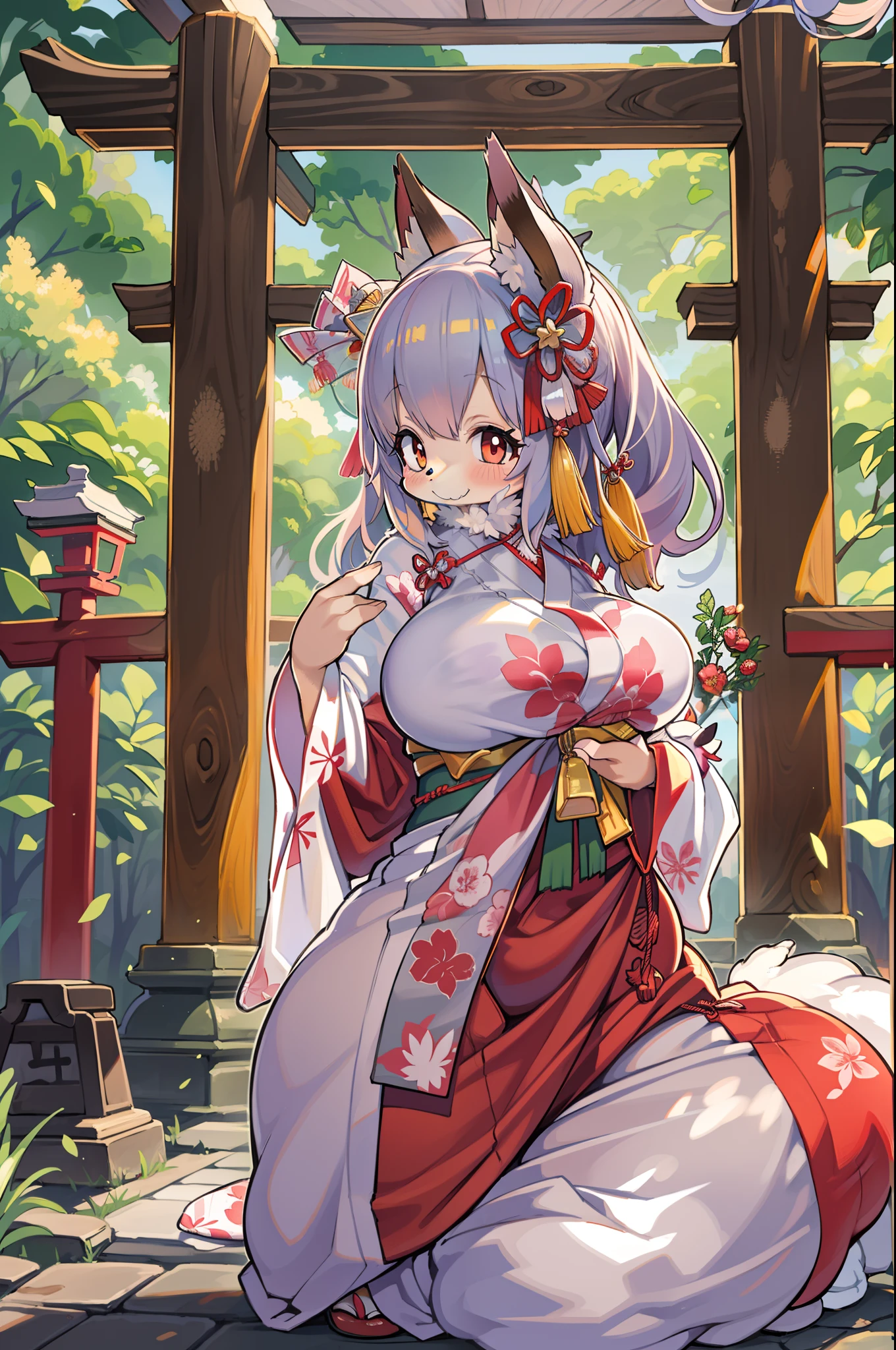 Fox Woman、body covered with fur、huge-breasted、kawaii、shrine maiden、Japan white clothes,Red Hakama、torii gate,summer day、From the top、Overhead view、Wide Shot、Very Wide Shot、A big smile、bbw、thick thight、big butts、Ultramammy