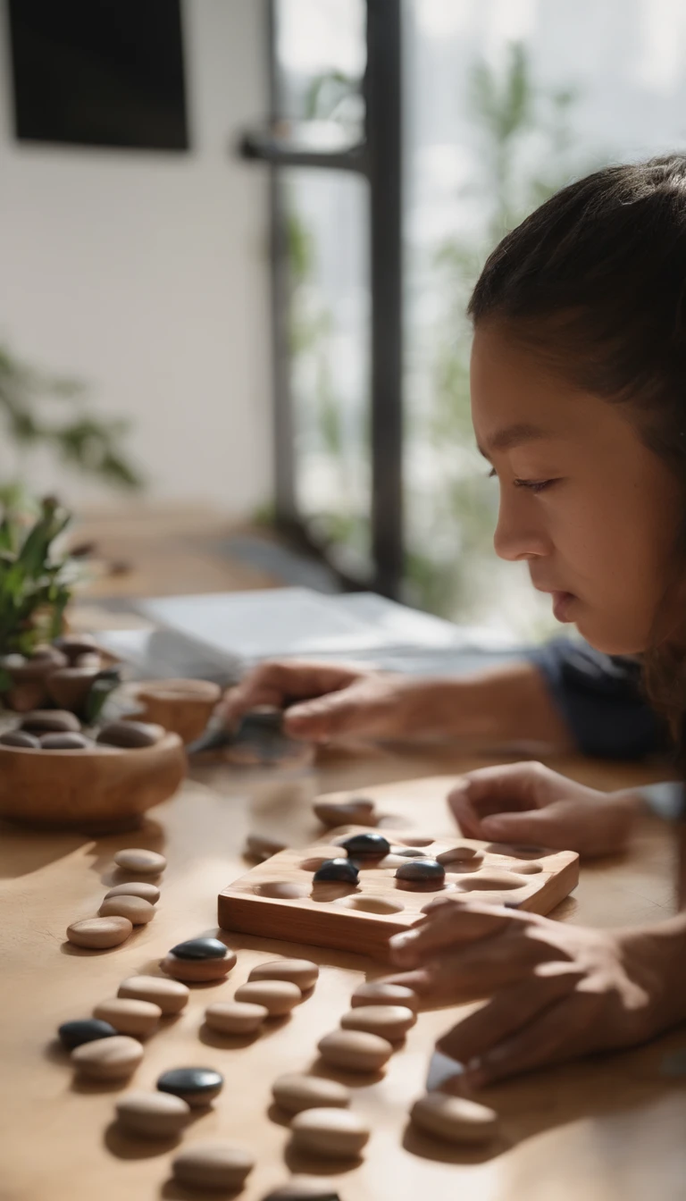 {A person} engrossed in a game of Mancala, sitting at a wooden table in a cozy indoor setting, soft natural light filtering in through a nearby window. The player should exhibit deep concentration and a sense of being lost in thought. The Mancala board should be prominently displayed, with colorful glass beads in the pits. The camera should capture this moment in a realistic photographic style, using a 50mm lens for a natural perspective.