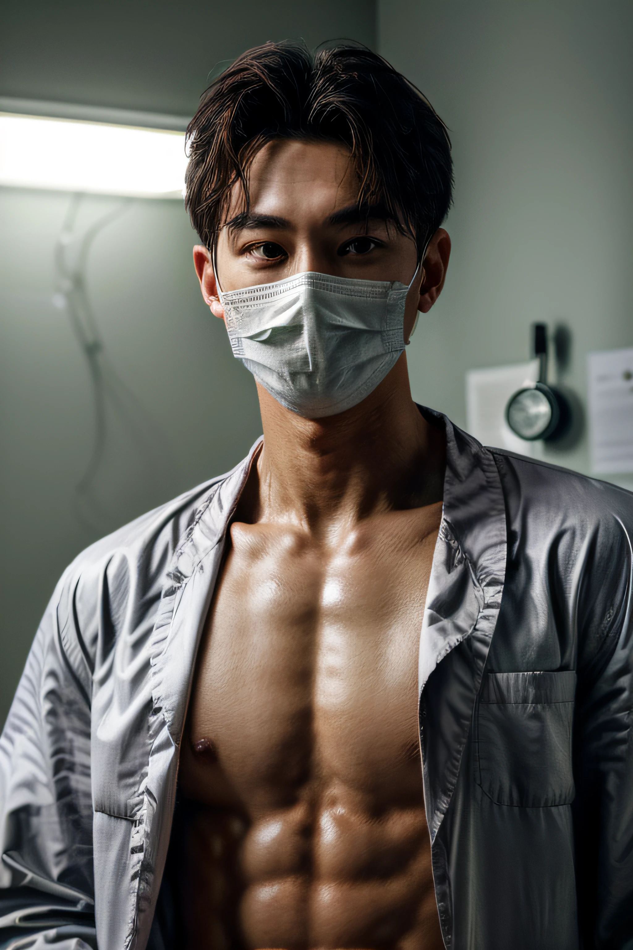 ((masterpiece)), ((best quality:1.2)), high resolution, 8k, (ultra_realistic:1.3), (photorealistic:1.4), (absurdres), sharp focus, highly detailed, (high quality), (masterpiece), handsome guy, Korean, 25 years old, normosthenic, (doctor's coat:1.2), (face mask:1.3), (dressing gown unbuttoned:1.2), naked torso, tight jeans, pubic hair, (stethoscope:1.3), green eyes, muscular, thin, abs, light gray short hair, full body, soft light, front light, rim light,