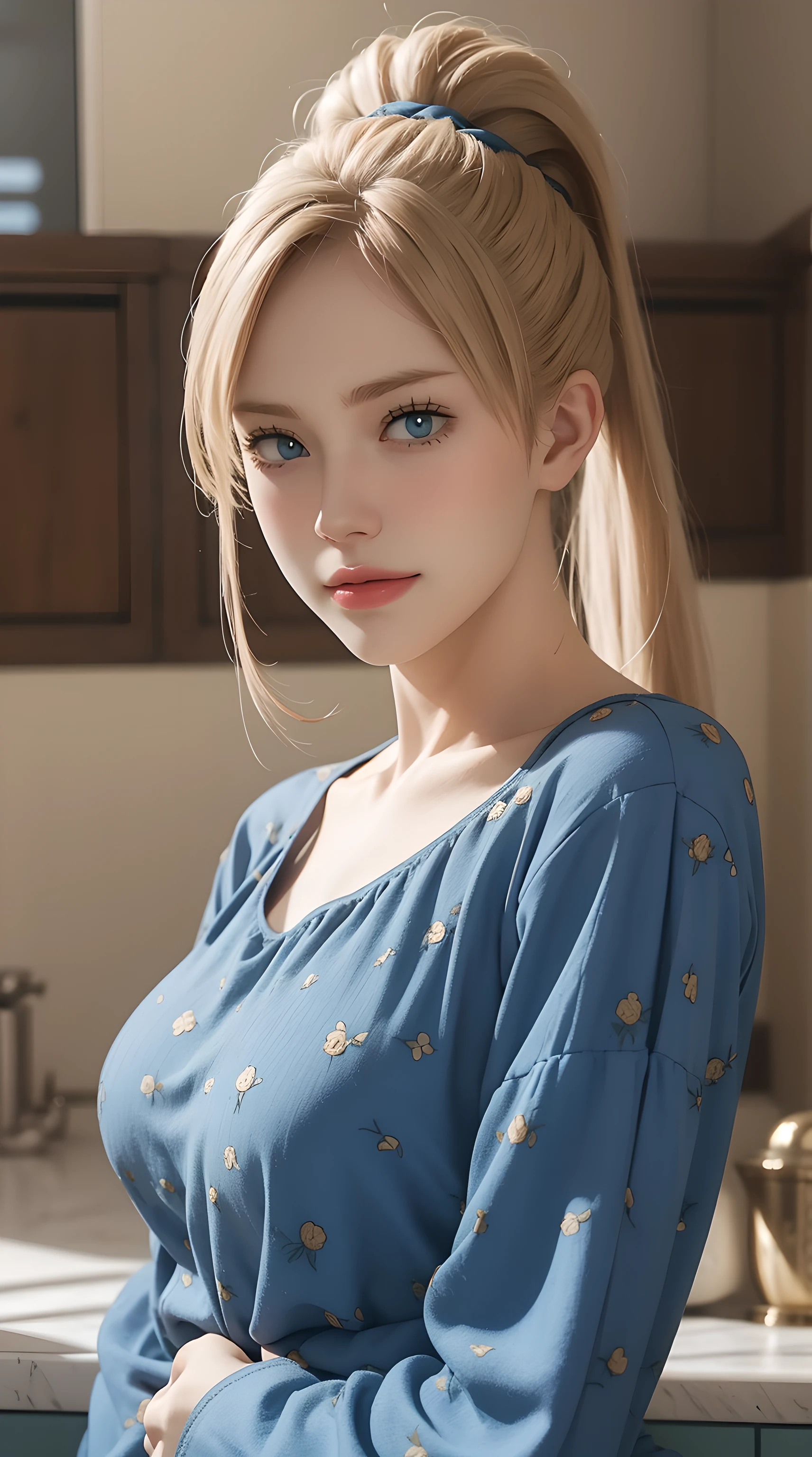 charlotte from black clover anime, long hair, blonde hair, blue eyes, ponytail, ponytail, beautiful, beautiful woman, perfect body, perfect breasts, wearing blue pajamas, pajamas, sleepwear, in the kitchen, clear kitchen, looking at the viewer, little smile, realism, masterpiece, textured skin, super detail, high detail, high quality, best quality, 1080p, 16k