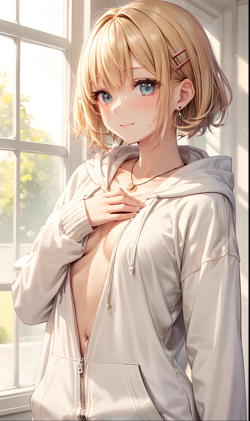 absurderes, ultra-detailliert,bright colour, extremely beautiful detailed anime face and eyes, (独奏:1.6), ;D, shiny_skin,25 years old, Short hair, , asymmetrical bangs, Blonde hair with short twin tails, Shiny hair, Delicate beautiful face, red blush,(cyan eyes:1.3 ) White skin, hair clips, earrings, a necklace,(Naked Hoodie:1.3),(Put your hands on your chest:1.3) You can see the blue sky from the window、(Pleasant face:1.5)、Wet、