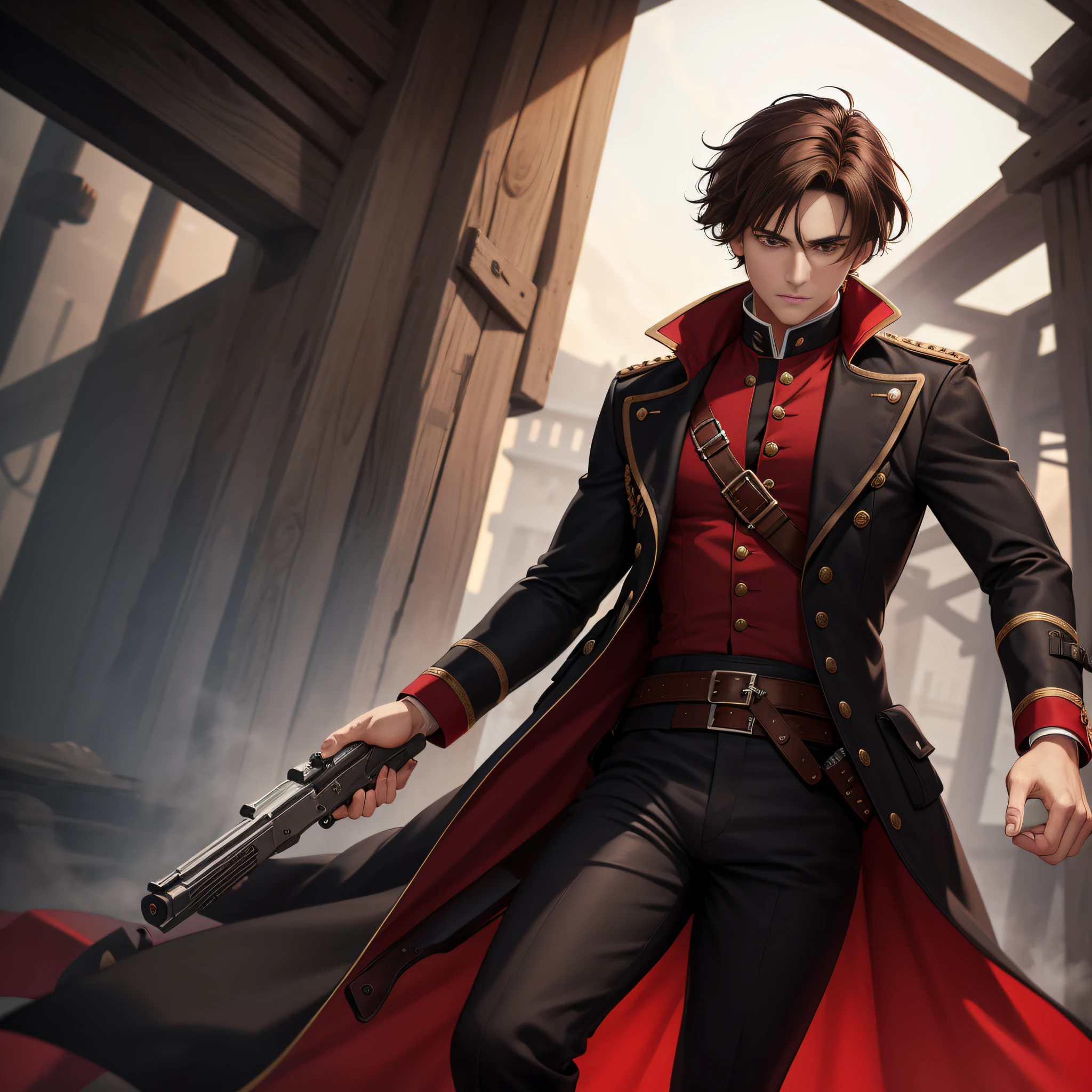 Colonial Times, Male, Gunslinger, short brown hair, red eyes, black pirate long coat, red shirt. black pants, aiming a revolver, alone