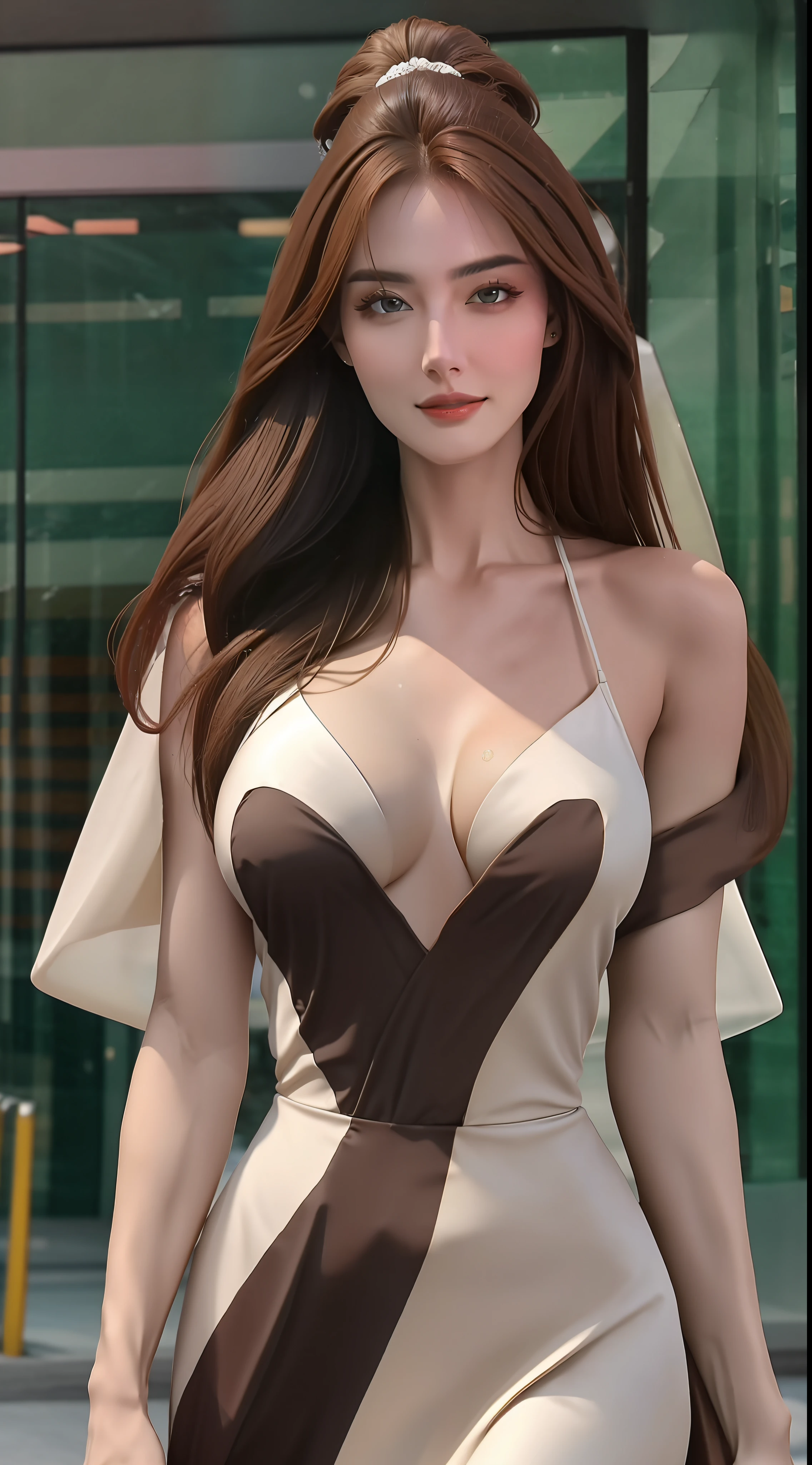 Realistic lighting, Top Quority, 8K Resolution, (masterpiece: 1.3), (Clear focus: 1.2),1 Beautiful girl, delicate face, big double eyelids, Sexy expression , Perfect body anatomy, (perfect body: 1.6), (big breasts 1.7) ), long and dark brown hair, (best breasts: 1.8), sexy evening gown fashion, exterior, 1080p, hyper HD, smooth white skin, skin texture, super detailed, best quality, high detail, highest quality.