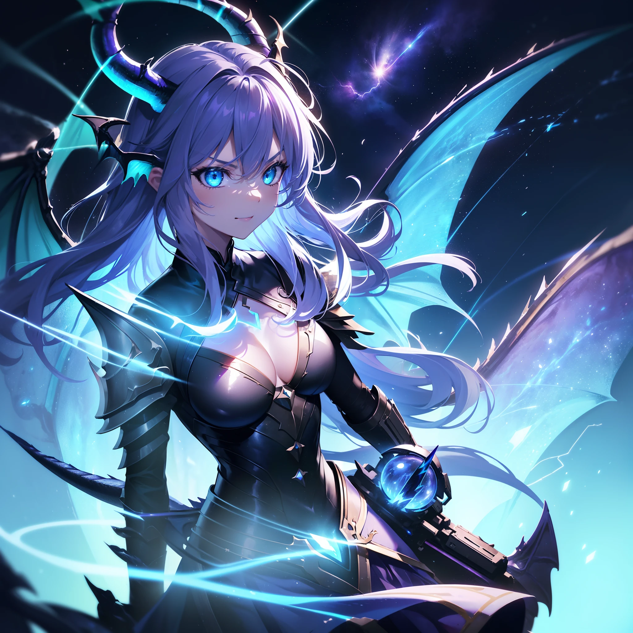 Cat's ears,(Blue horn glowing with green lightning:1.7),(Two glowing blue dragon horns:1.3),(Long black hair that glows blue:1.3),Messy straight hair,(Face Focus:1.3),(Slim Face:1.3), (Blue lightning background:1.3),(angry,Smile:1.3) ,(tiny chest:1.0),(Lip close-up:1.3),(dragon knight:1.3), (Two big dragon wings:1.7), (Dressed in the armor of the Purple Dragon Knight:1.3), (complex armour:1.3), (The dragon:1.3),Starry skies and a vortex of light enveloped her, Canon 5D, 85 mm, depth of fields, 8K, ultra sharpness, nffsw, octane, Unreal, Dramatic light, Global Illumination,Motion Picture Film,rainbow,lensflare,(brue eyes:1.3),extremely detailed eye,(Purple Thunder Wave Art:1.3),(Fantasia:1.3),(Agfacolor:1.3),(close portrait:1.3),(Feminine:1.4),(cute little:1.4),(Attractive:1.3),Move an angle,perfectly detailed eyes,Themed Background,A completely huge dragon kills a partisan、(Armed combat action:1.3)