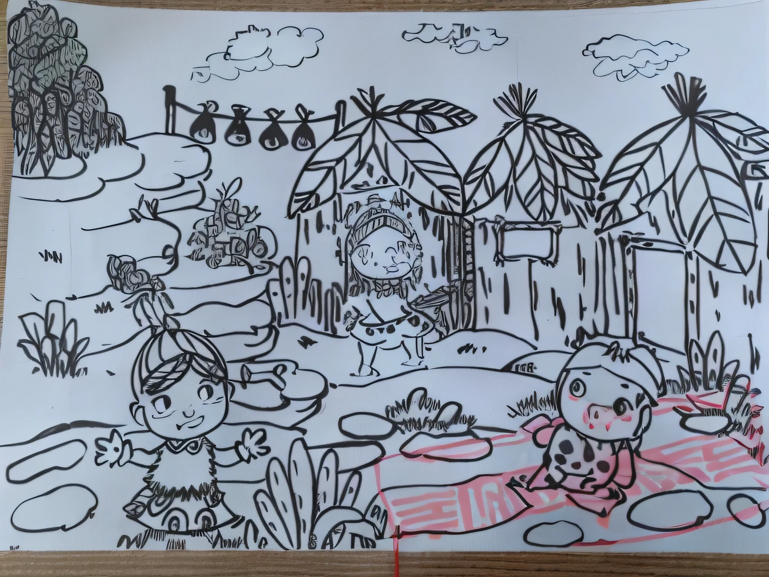 Drawing of girl and dog in park, colouring - in sheet, coloring page, coloring page, line art colouring page, coloring page, kids fantasy drawing, Cartoon drawing, coloring page, children's book drawing, paper drawing, full page illustration, kids drawing, drawn on white parchment paper, Mat drawing paper, desenho, contour drawing