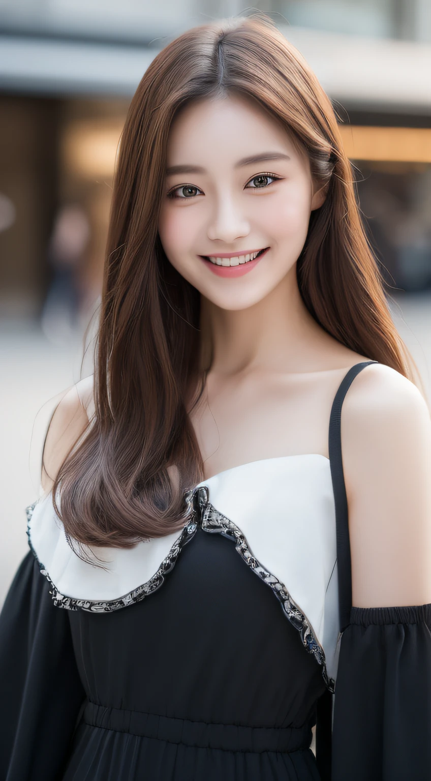 ((Best quality, 8k, Masterpiece :1.3)), 1girl, smiling, full body, slim face, Pretty woman, (Dark brown hair), full length dress :1.1, Ultra-detailed face, Detailed eyes, Double eyelid, blur background, slim face, city, outside, street,