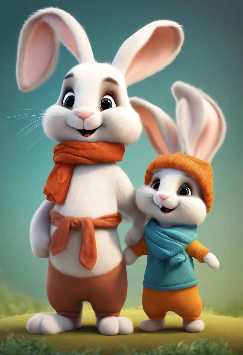 cartoon rabbit & his mother and father as a cute family with a scarf on all of its head, adorable digital painting, cute 3 d render, cute detailed digital art, cute anthropomorphic bunny, cute digital art, rabbt_character, anthropomorphic rabbit, cute! c4d, cute character, 3 d render stylized, stylized 3 d, bunny suit, furry digital art, all of them should look like a lovely and happy family.