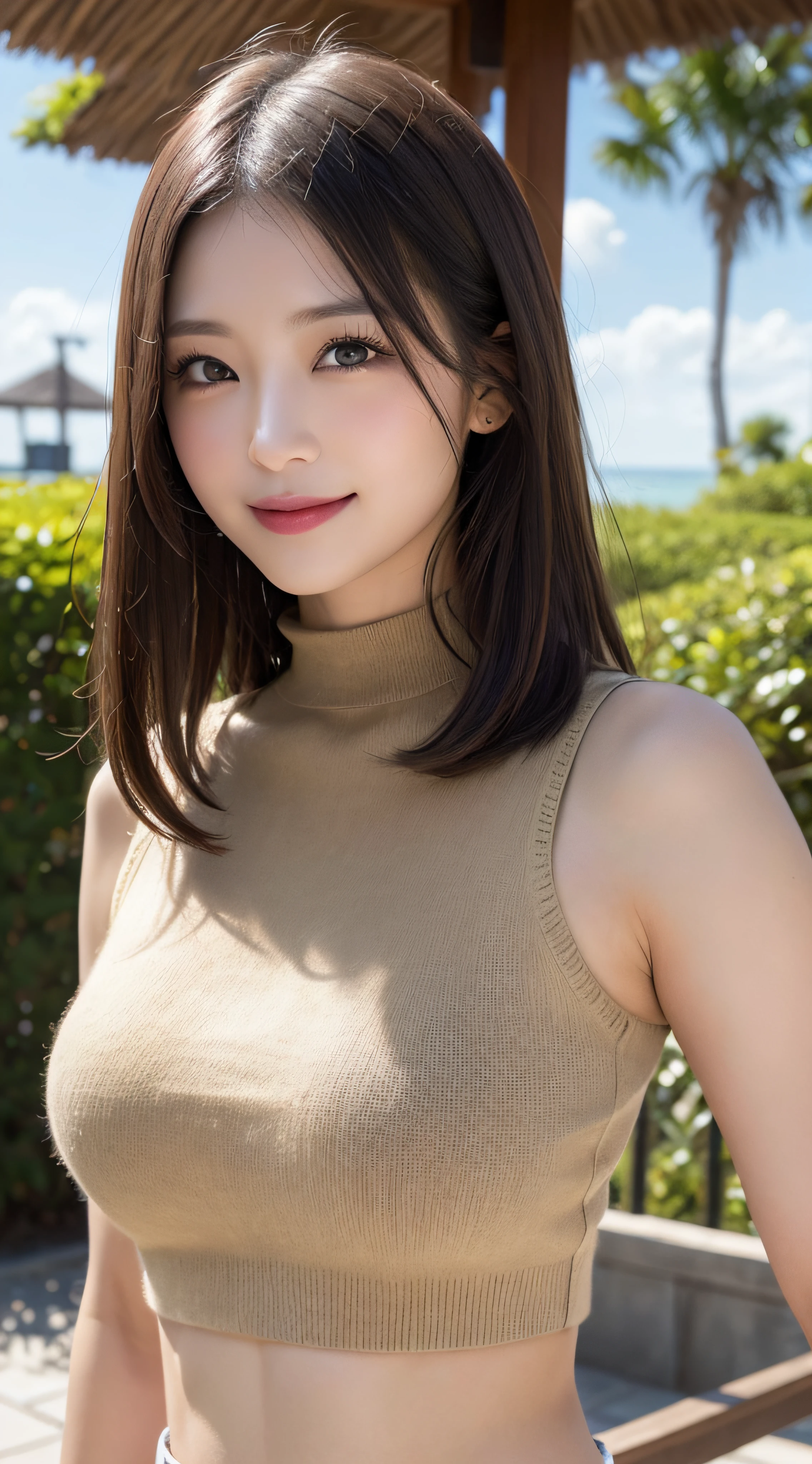 masutepiece, Best Quality, Photorealsitic, finely detail, hight resolution, 8K Wallpapers, Perfect dynamic composition, Beautiful detailed eyes, Medium Hair, large full breasts, Random and sexy poses,Bring your chest together、(Mock Neck Crop Tank Top Khaki Knitwear)、(Breast bulge 1.2)、A smile、open open mouth、Resort scenery、23years old、(Drooping eyes 1.4)、Adult beauty、japanes