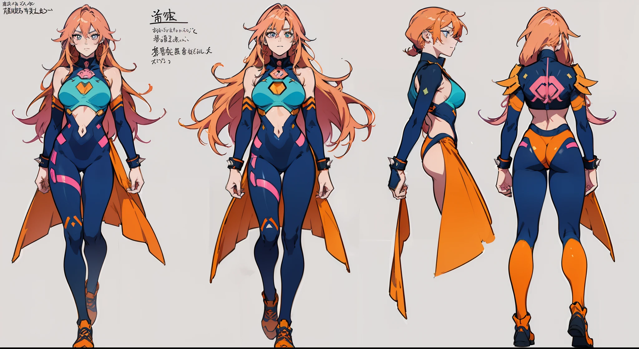 ((masterpiece)),(((best quality))),(character design sheet,same character,front,side,back), Reference sheet ((Best Quality)), ((Masterpiece)), ((Realistic)) tsuka kendou, 1woman, cute face, determined look, smile, long_legs, full_body, adult mature female ((spiky orange-pink hair,))((orange-pink mullet 1.1)), (long hair), bright cyan_eyes, (yellow_pupil,) hero, sleeveless blue_spandex_bodysuit, long orange-pink rabbit_ears, colored concept art, highly detailed character design, highly detailed face, Vivid and colorful colors, Delicate lines, tome + concept art, detailed full body concept art, full body character concept art, full body concept art, full character concept art, full body character concept, full body character design, 8 k character concept art, 8k character concept art, single character concept art, detailed character design, detailed face, detailed hair, (simple background, white background: 1.3)