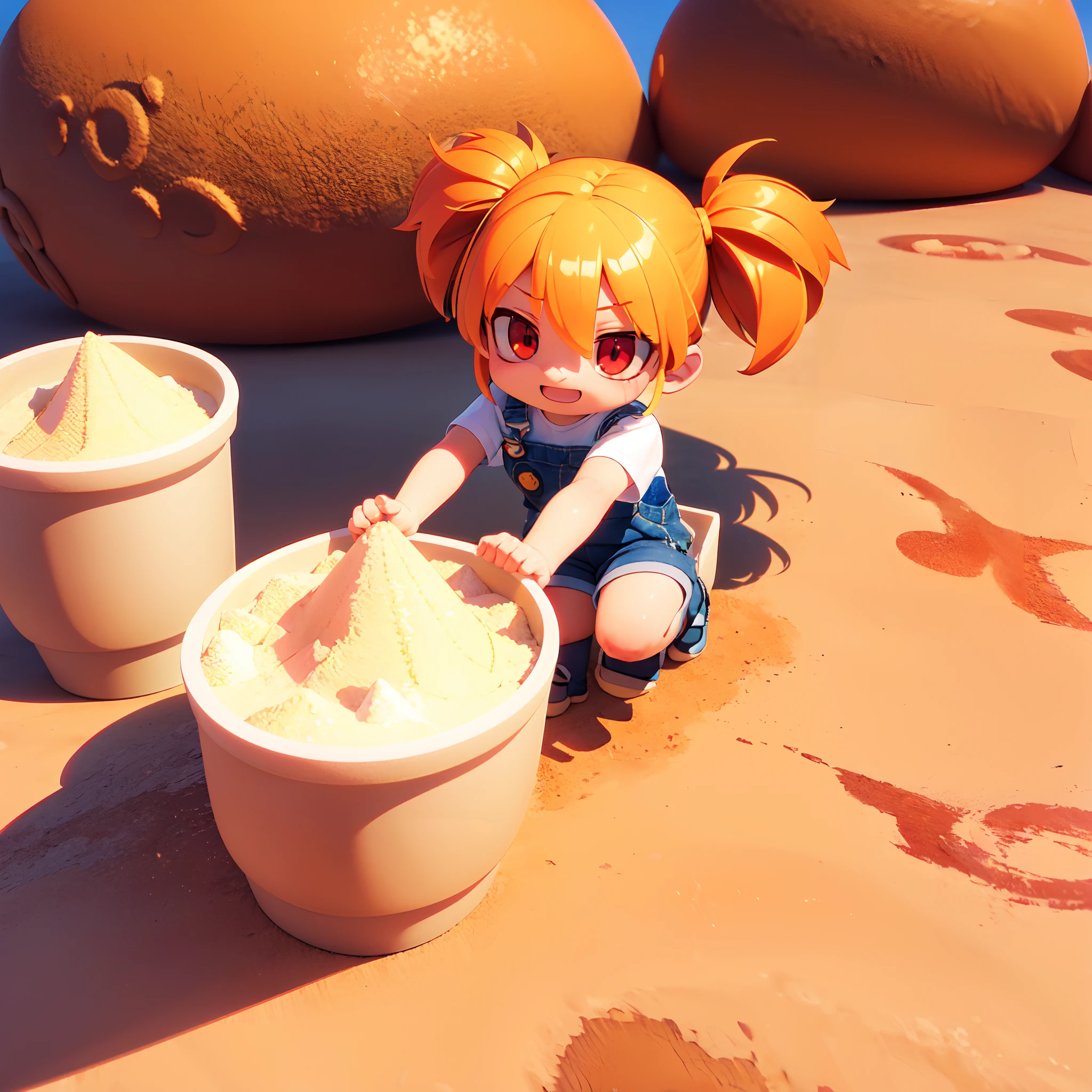 (masterpiece, best quality), ((((Soft render 3d)))), 
[:reflection:0.2], (shadow:1.0), 
(Chibi) Cute girl, Orange hair, twin tail, (drooping eyes, red eyes), Wearing a overall, joy, 
happy, solo, 
Playing in the sandbox at the park, sand castles, sandbox,